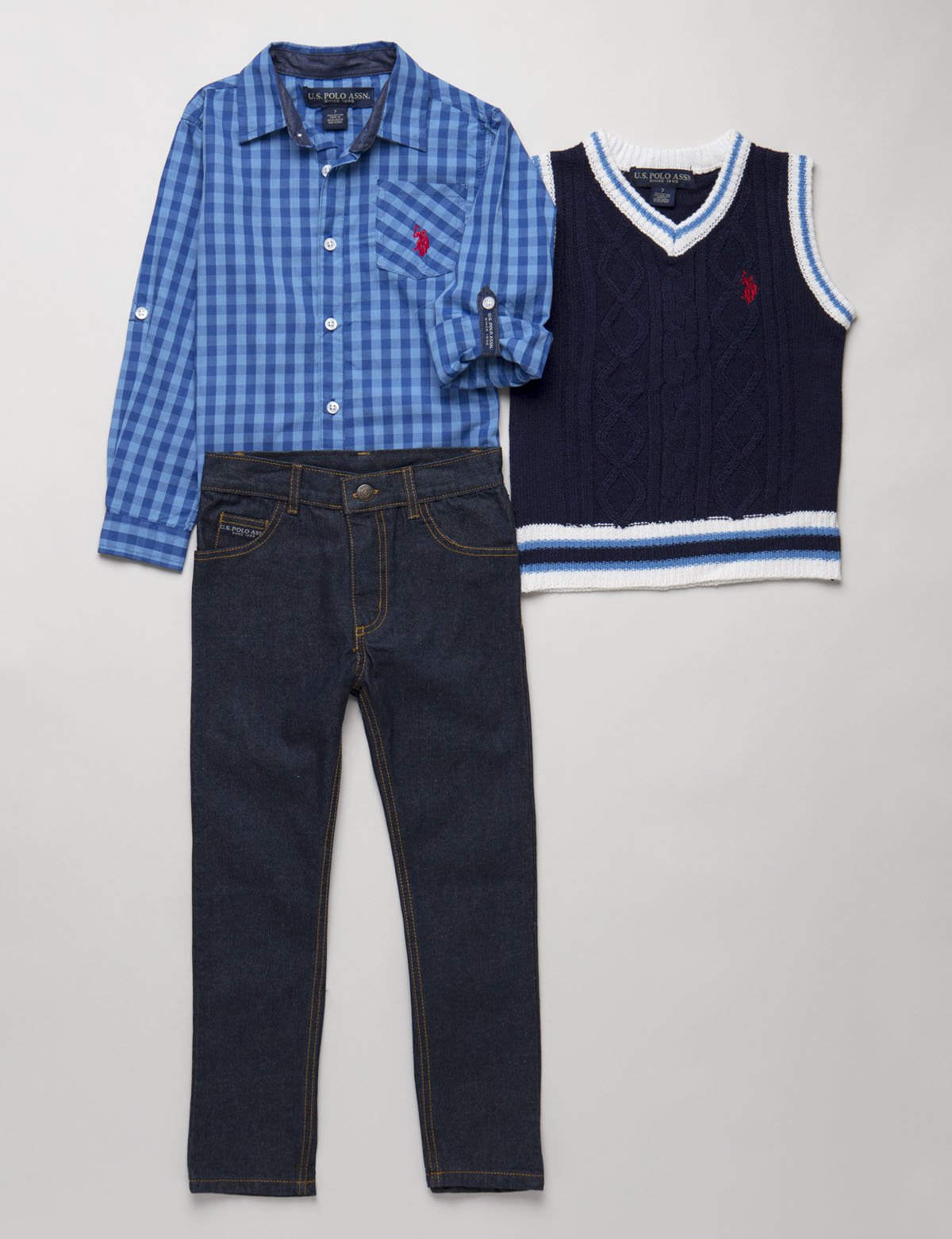 U.S. Polo Assn. Boys 3-Piece Outfit: Vest, Shirt & Jeans Set