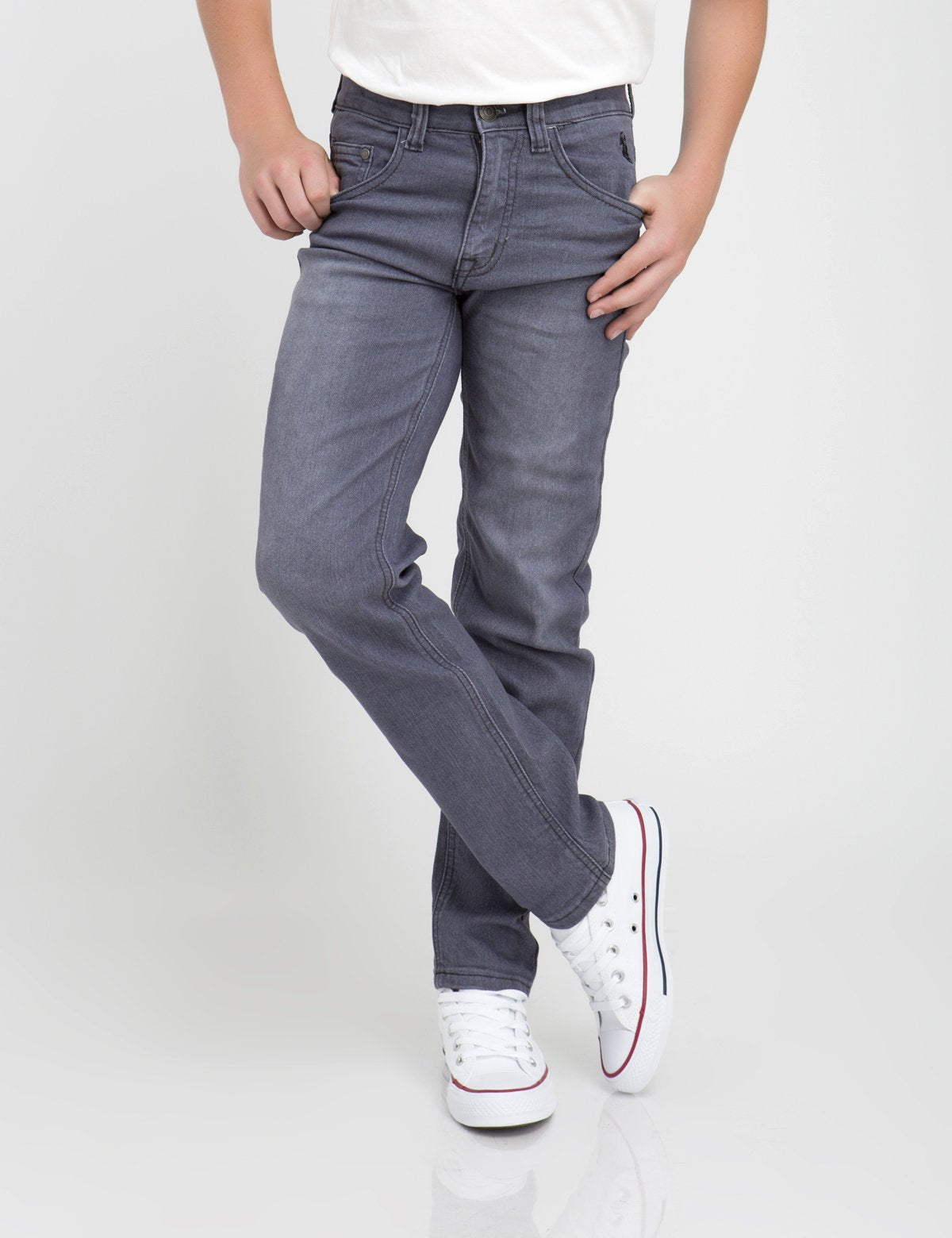 Boys Light Gray Stretch Denim Jeans - 5 Pocket Trim Fit