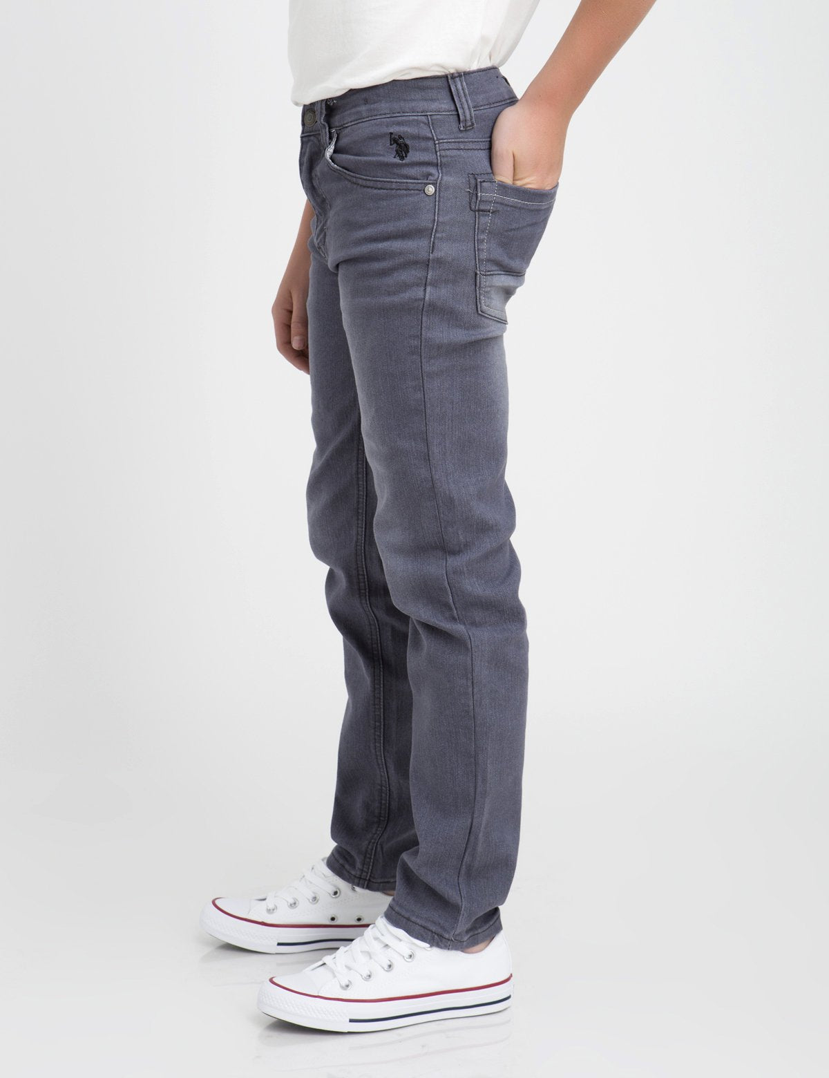 Boys Light Gray Stretch Denim Jeans - 5 Pocket Trim Fit