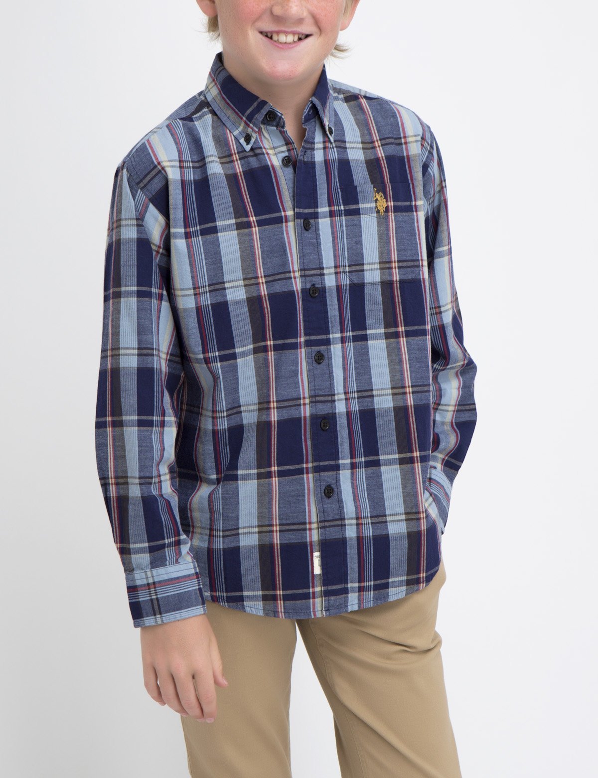 Boys Cotton Plaid Button-Up Shirt with Embroidered Logo