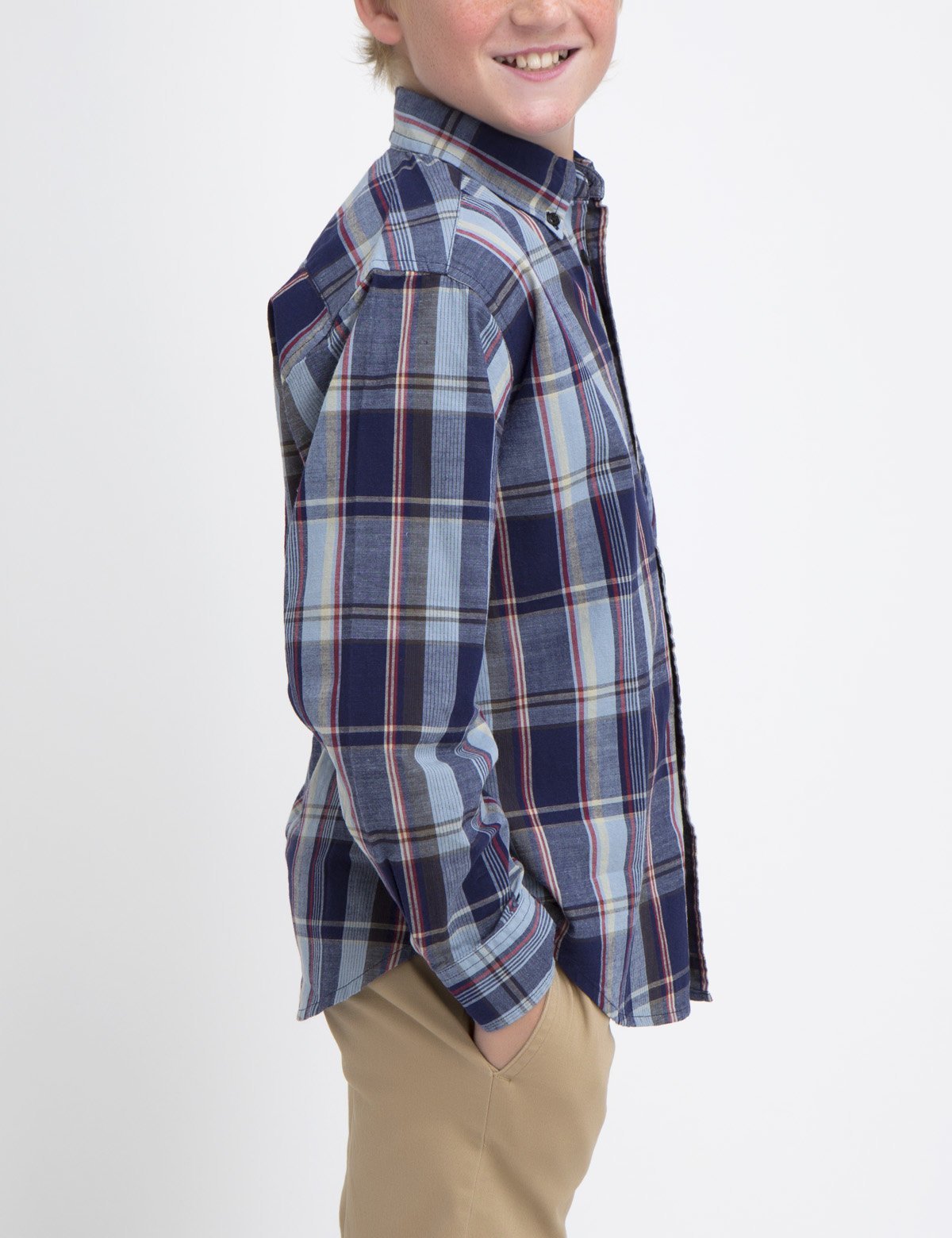 Boys Cotton Plaid Button-Up Shirt with Embroidered Logo