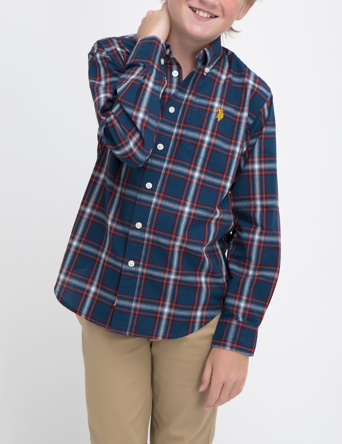 Boys Cotton Plaid Button-Up Shirt with Embroidered Logo