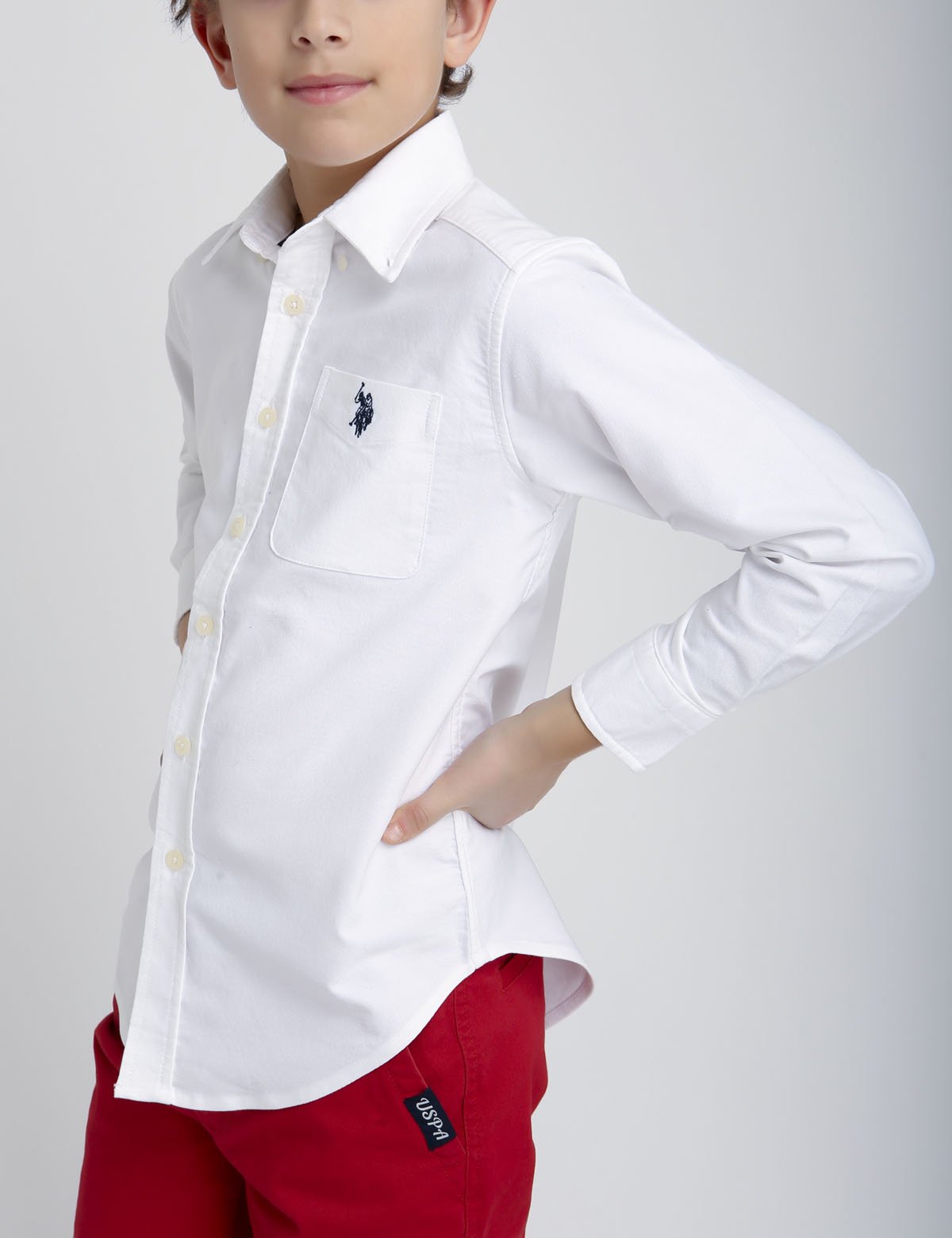 Boys Stretch Oxford Shirt with Embroidered Logo - Cotton Blend Long Sleeve