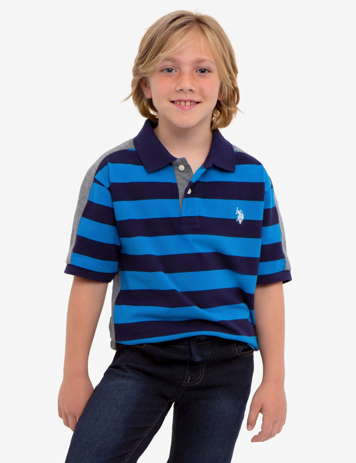 Boys Striped Cotton Pique Polo Shirt with Colorblock Design