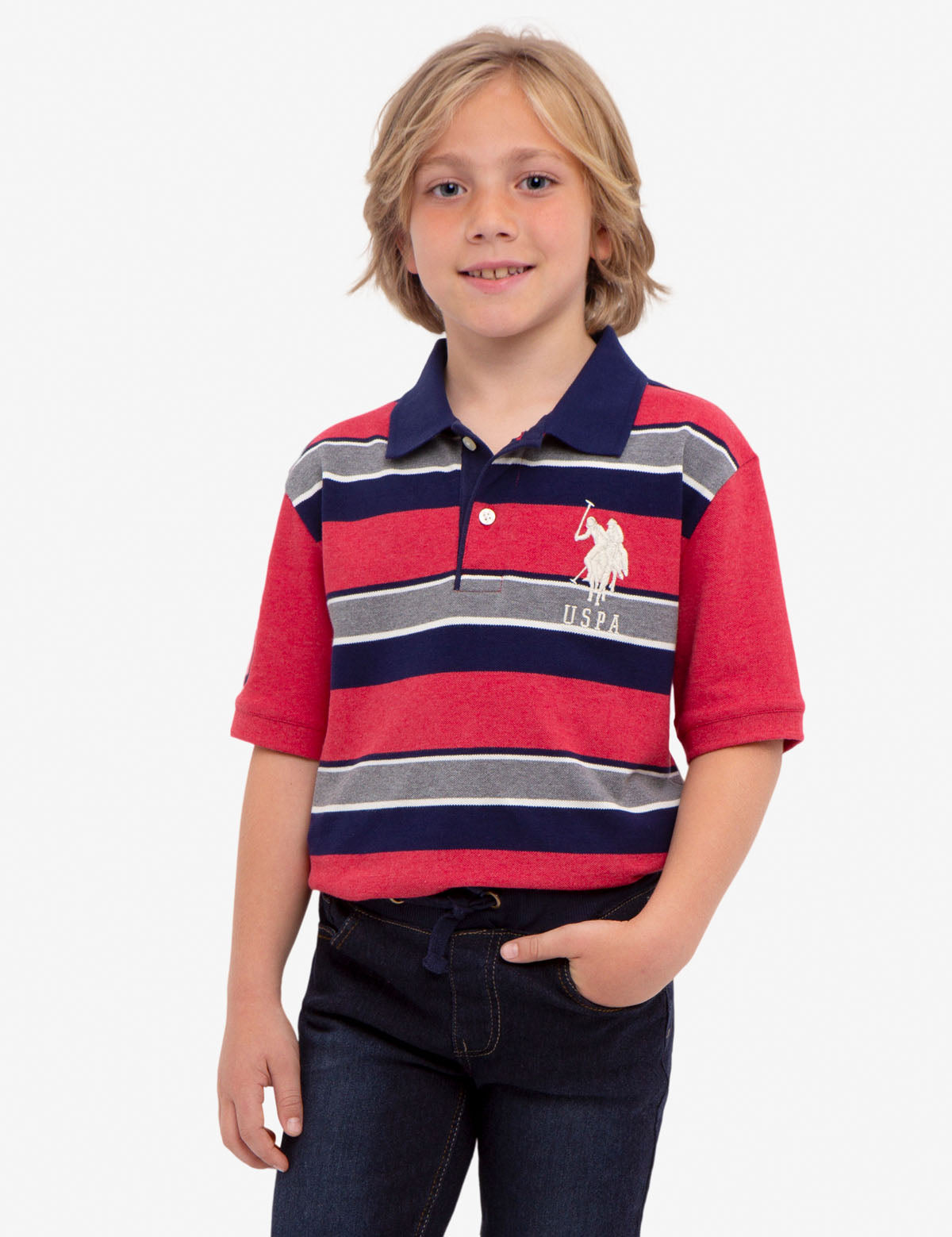 Boys Striped Cotton Polo Shirt with Embroidered Logo