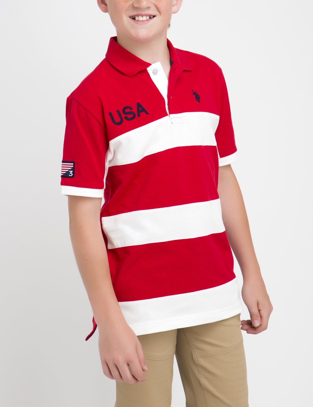 Boys USA Rugby Polo Shirt - Cotton Pique with American Flag Patch