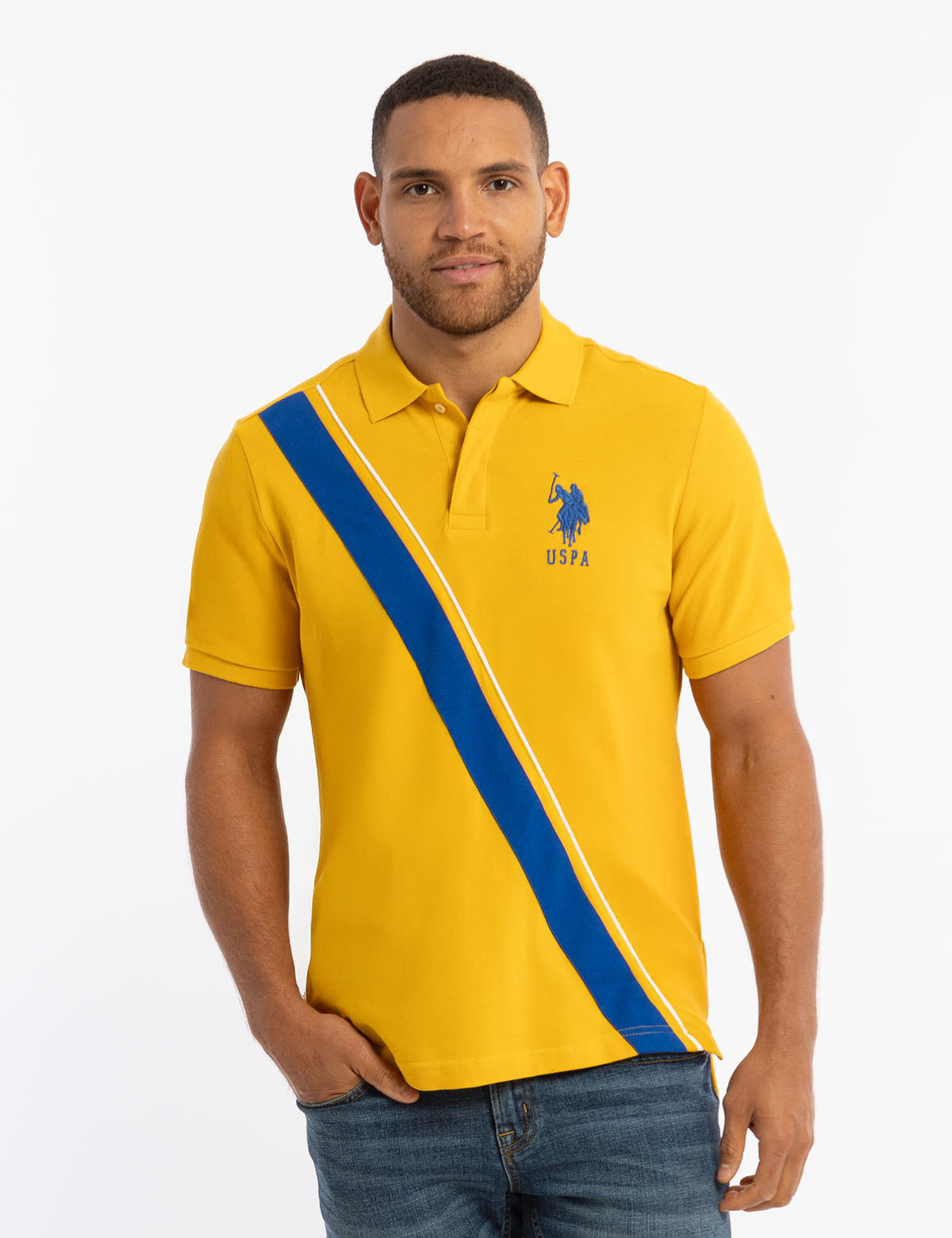 Diagonal Color Block Polo Shirt - Pique Fabric Sash Design