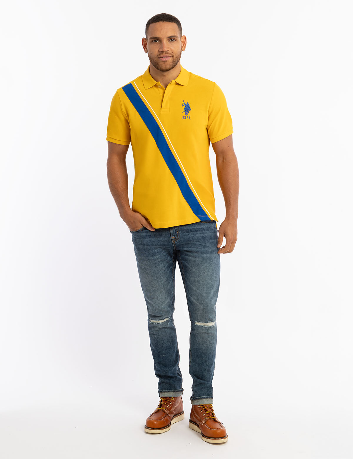 Diagonal Color Block Polo Shirt - Pique Fabric Sash Design