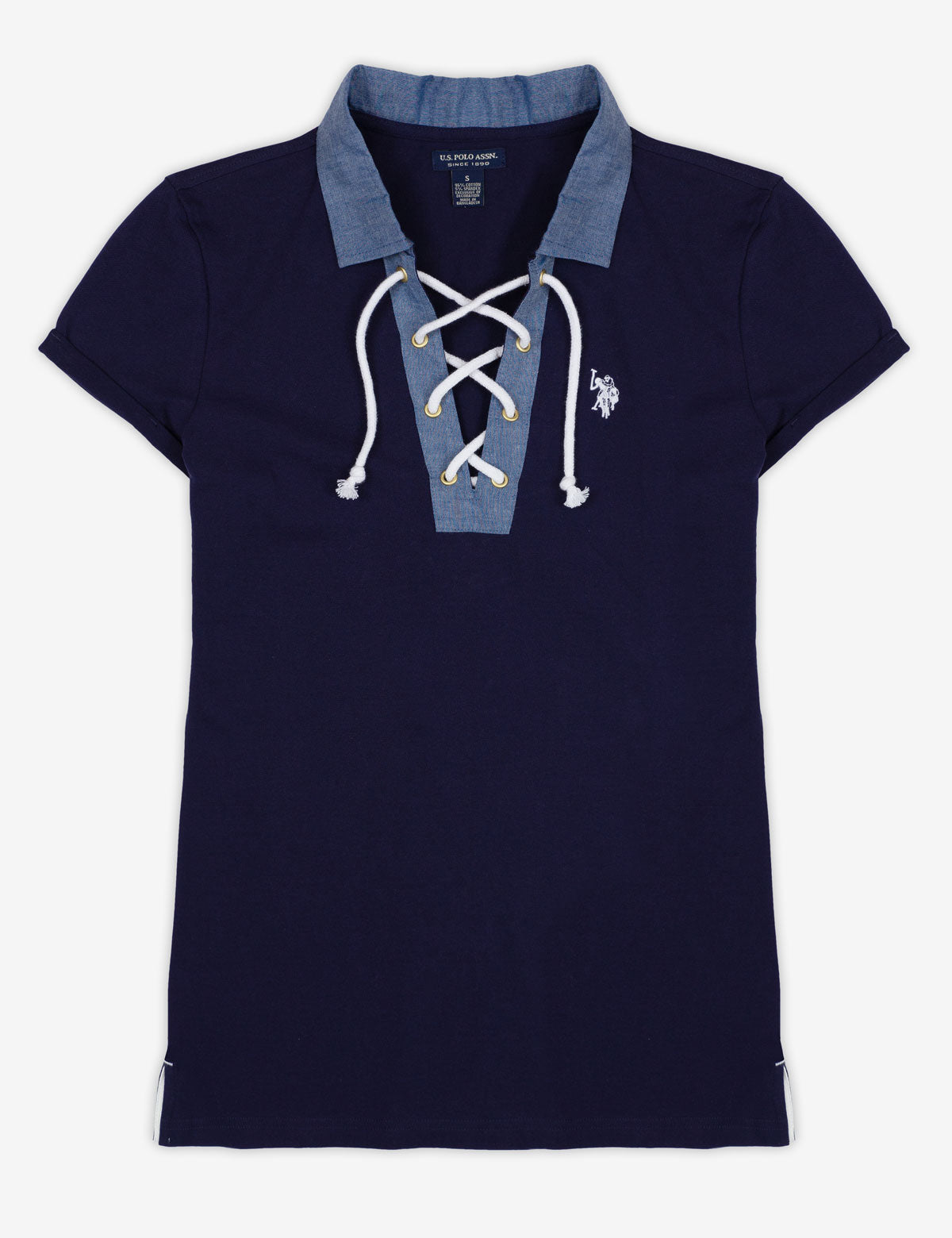 Chambray Collar Lace-Up Polo Shirt with V-Neck Design