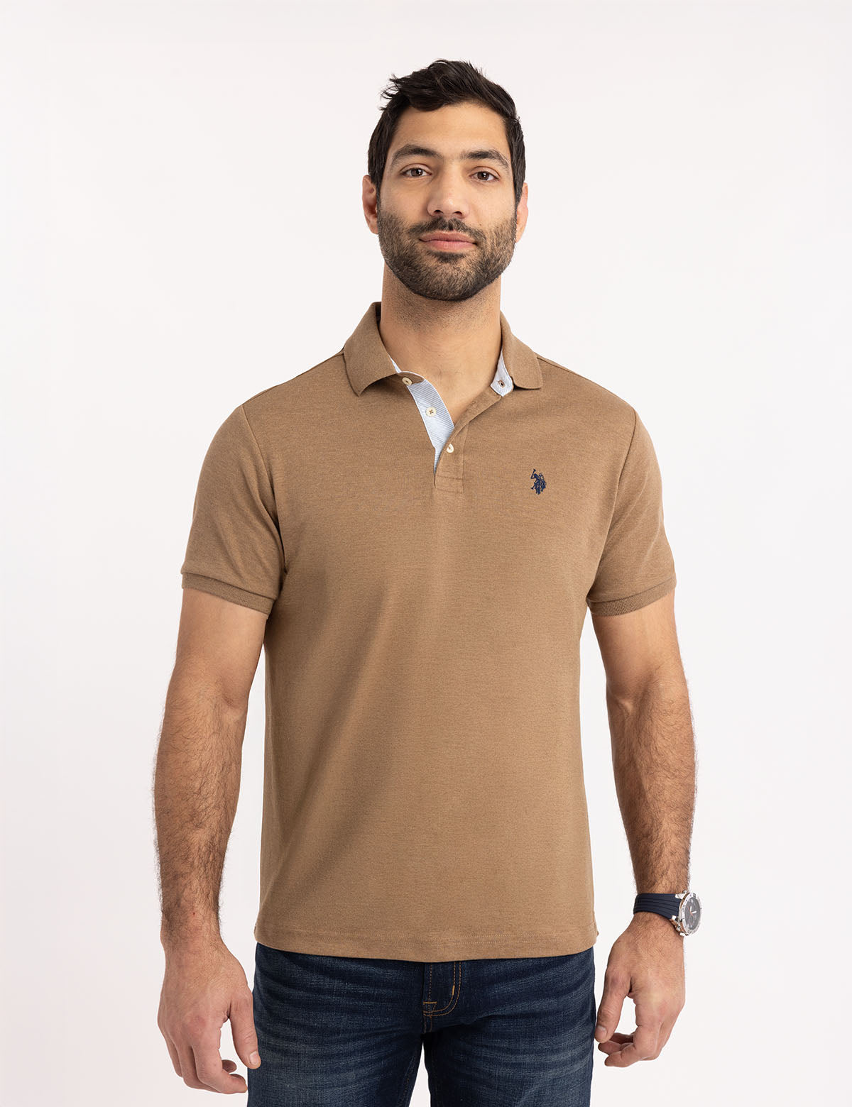 Men's Solid Interlock Polo Shirt with Woven Trim