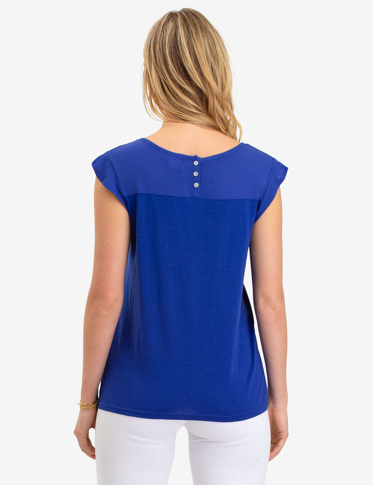 Chiffon Ruffle Blouse with Mock Sleeves & Back Buttons