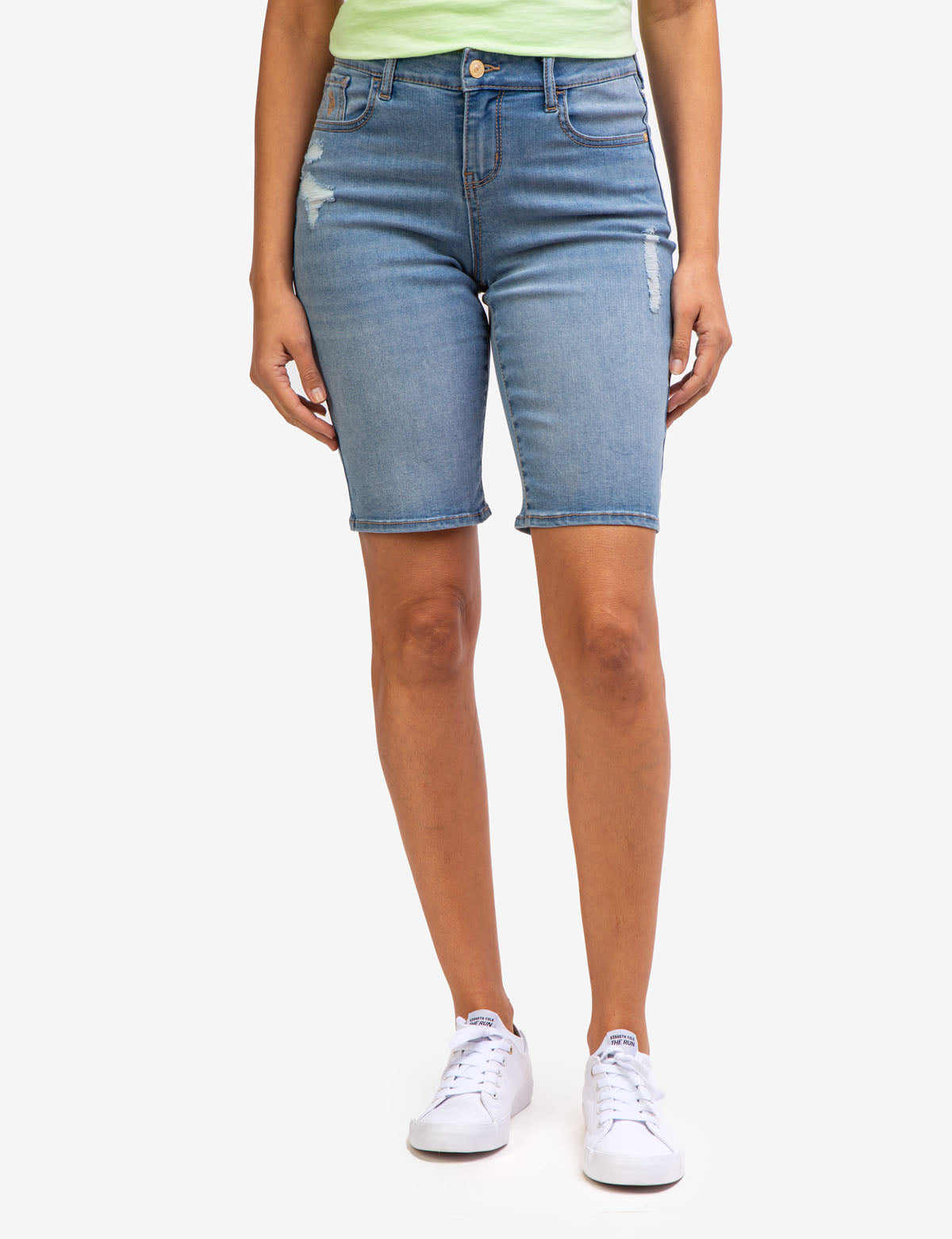 Classic Distressed Denim Bermuda Shorts with Logo