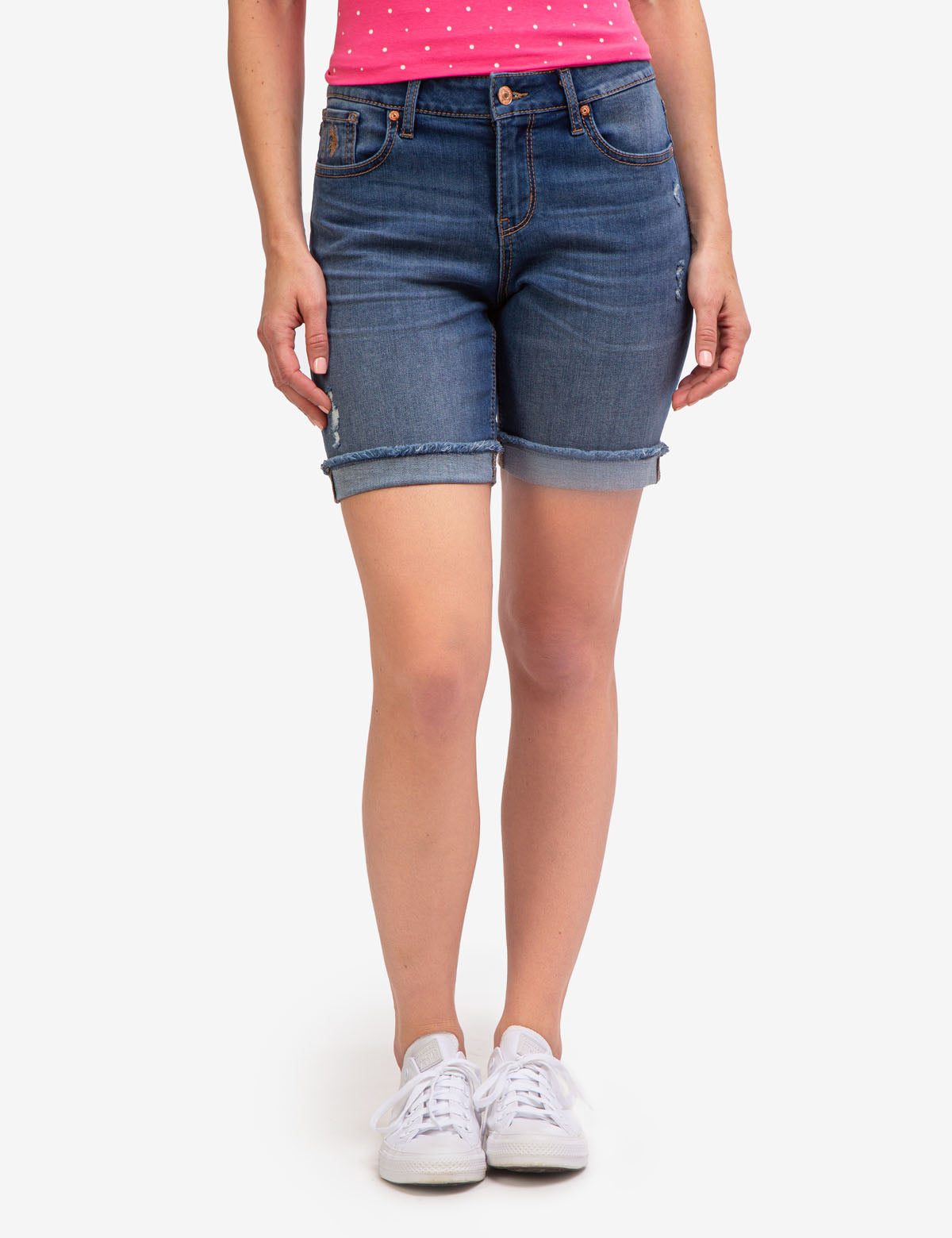 Classic Distressed Denim Bermuda Shorts with Logo