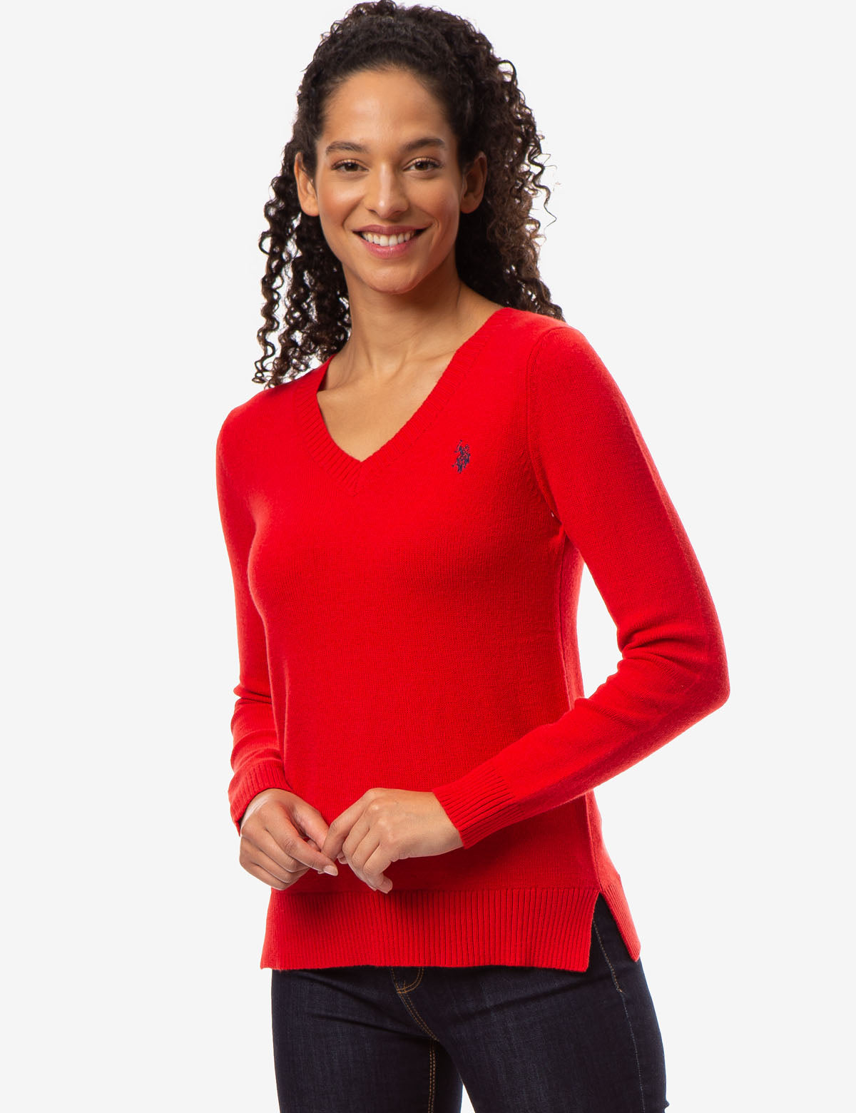 Classic V-Neck Sweater with Embroidered Logo & Rib Knit Hem