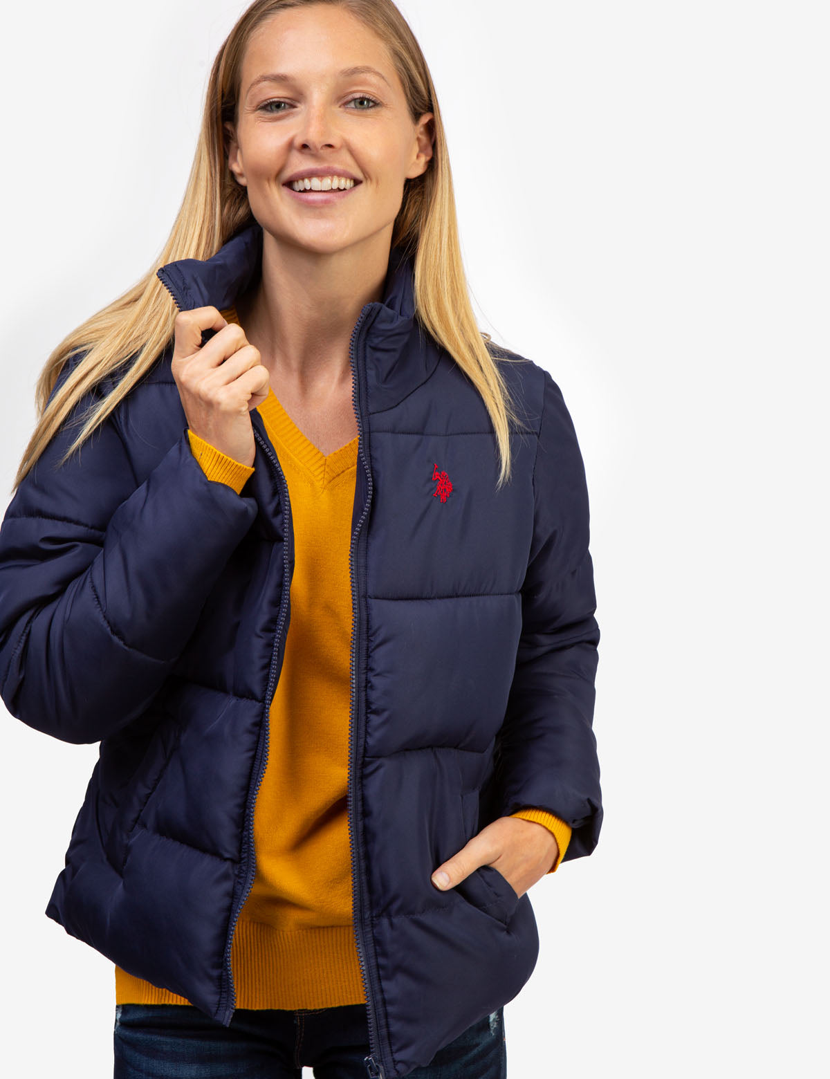 Classic Zip Front Puffer Jacket with Logo & Hand Pockets