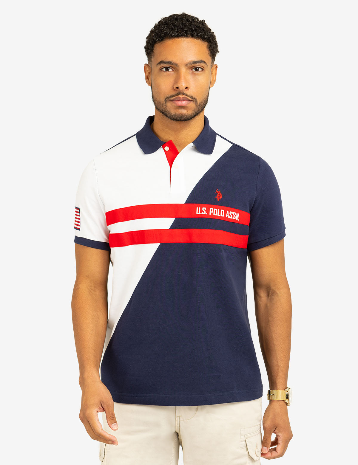 Color Block Stripe Pique Polo Shirt for Men