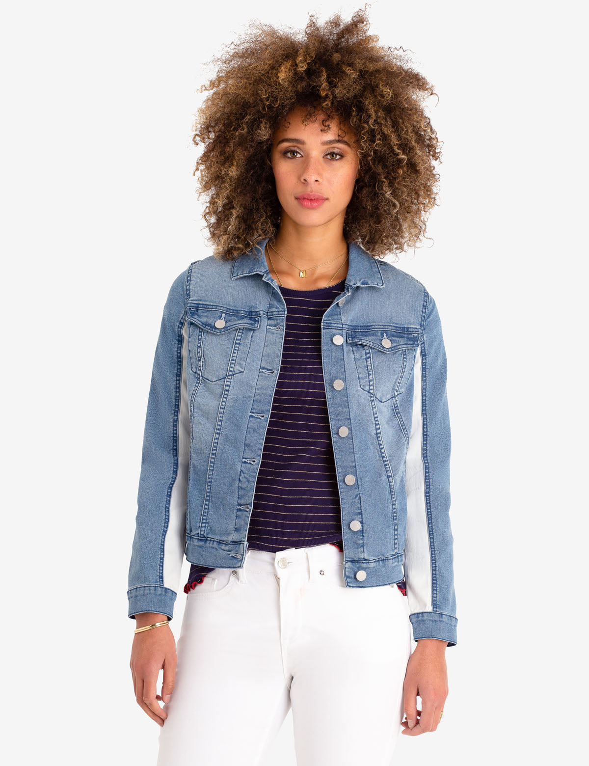 Light Wash Colorblock Denim Jacket - Cotton Blend Sleeve Detail