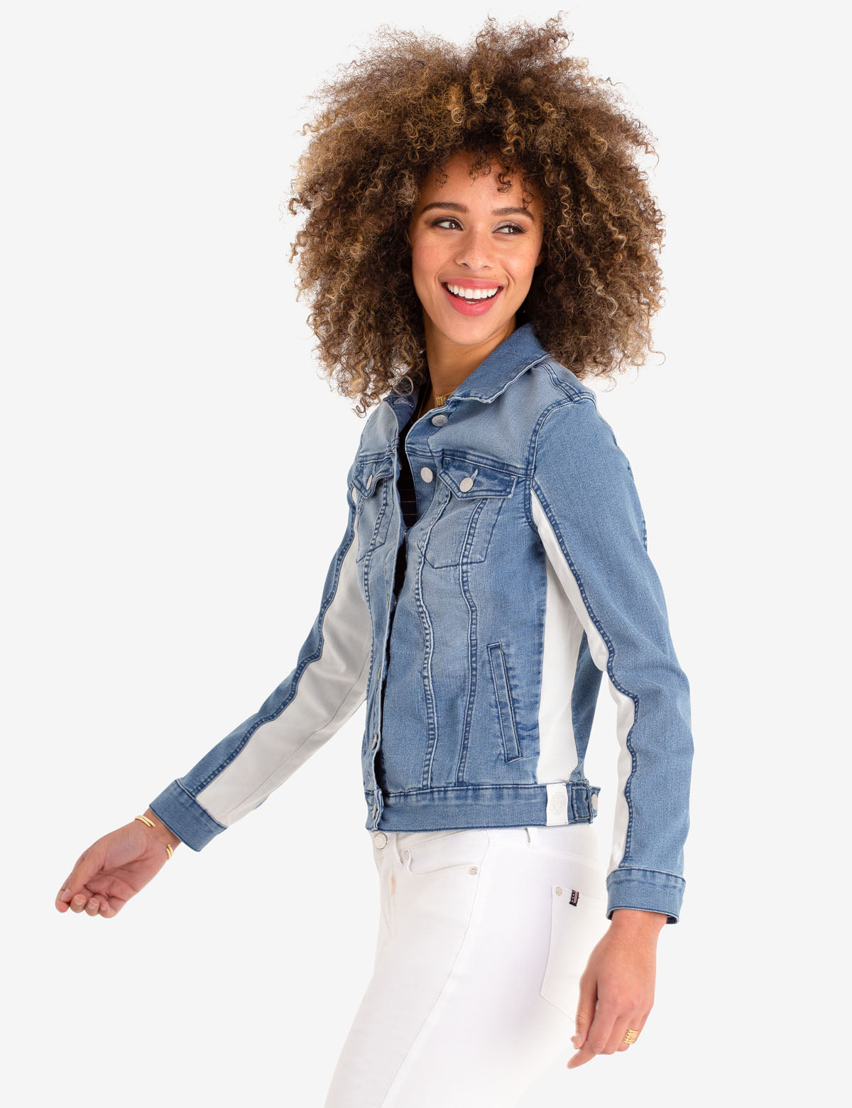 Light Wash Colorblock Denim Jacket - Cotton Blend Sleeve Detail