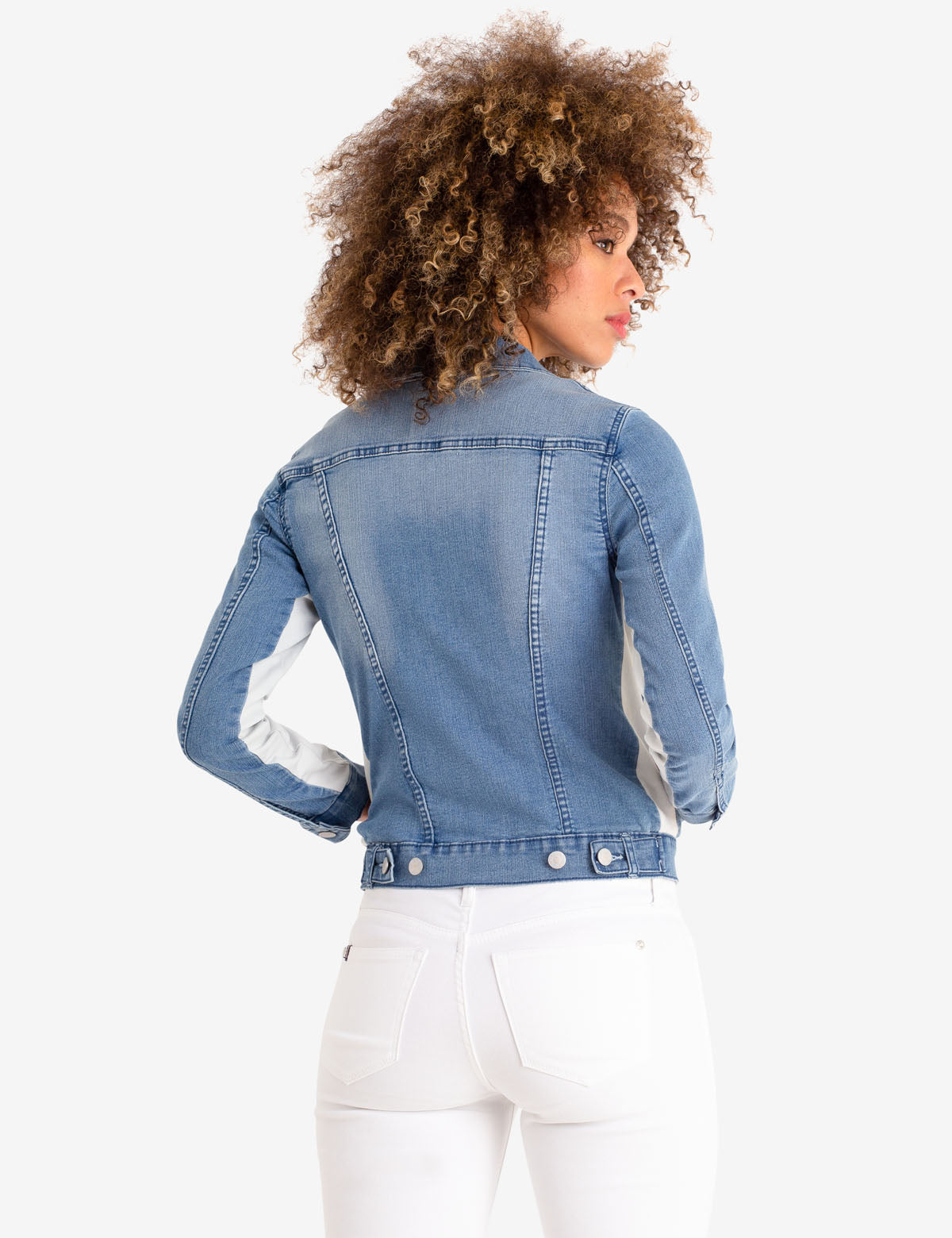 Light Wash Colorblock Denim Jacket - Cotton Blend Sleeve Detail
