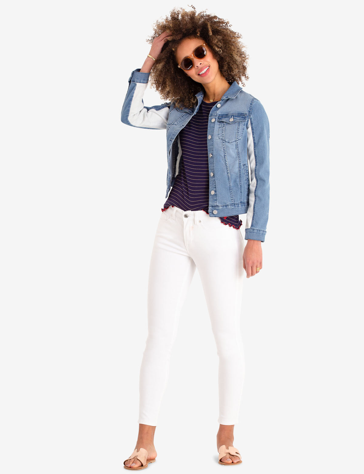 Light Wash Colorblock Denim Jacket - Cotton Blend Sleeve Detail