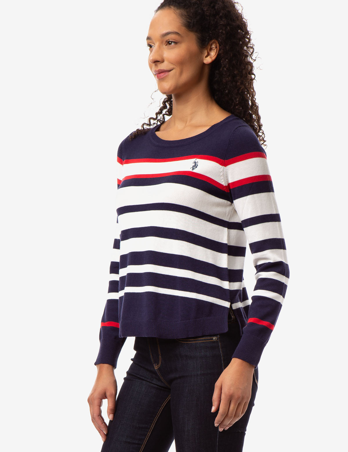 Colorblock Striped Knit Sweater with Ribbed Neckline