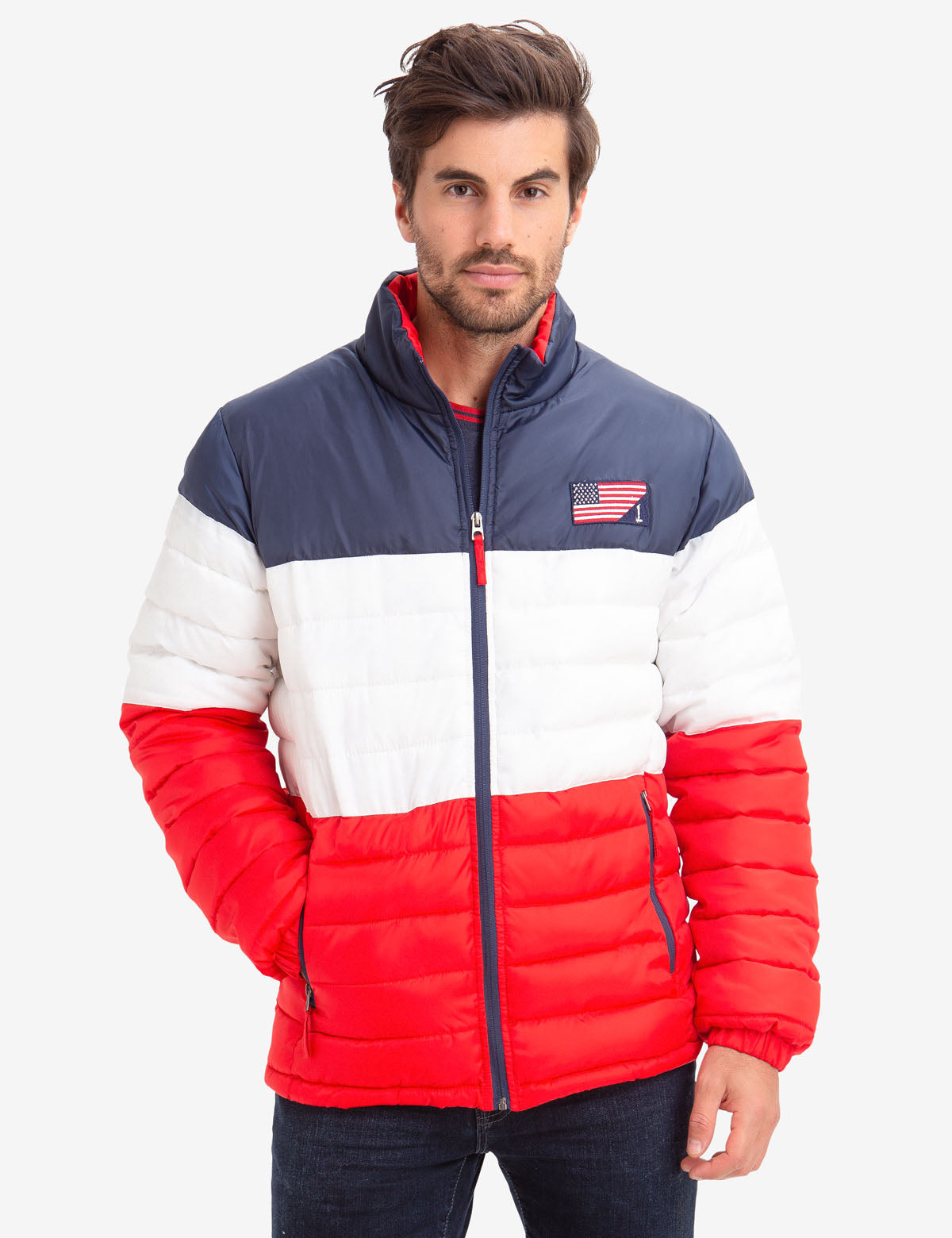 USPA Colorblock Puffer Jacket with American Flag Patch