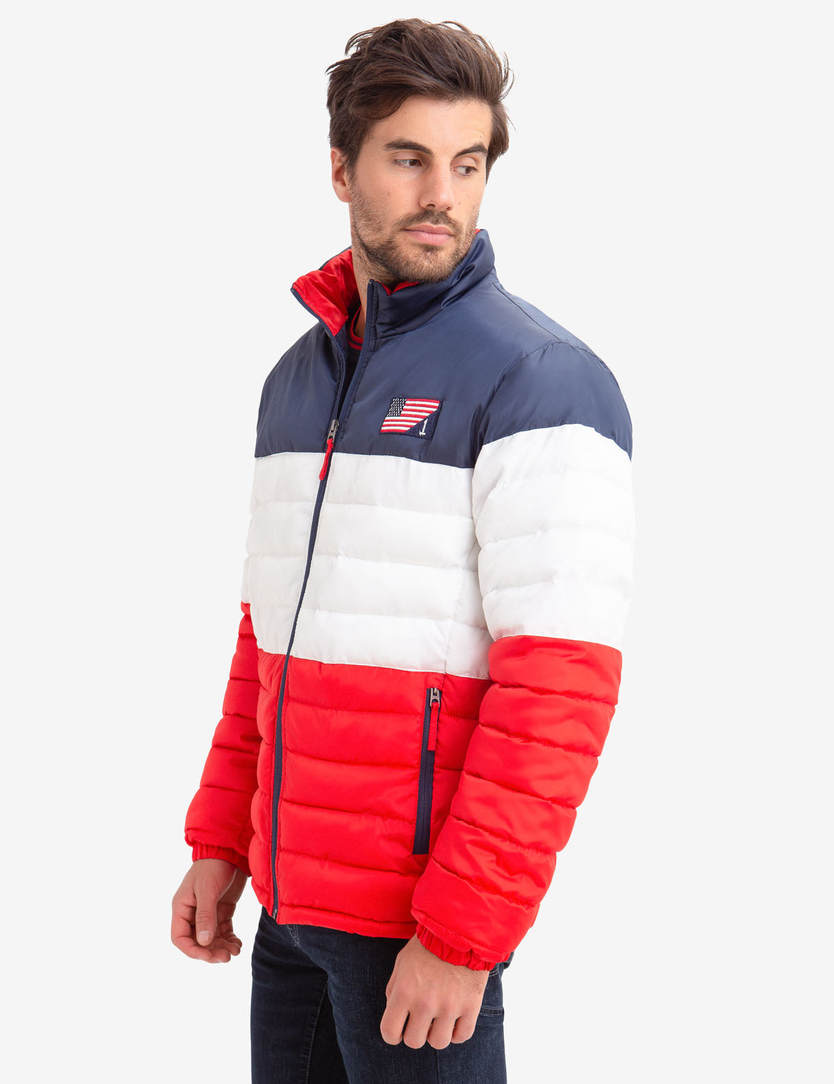 USPA Colorblock Puffer Jacket with American Flag Patch
