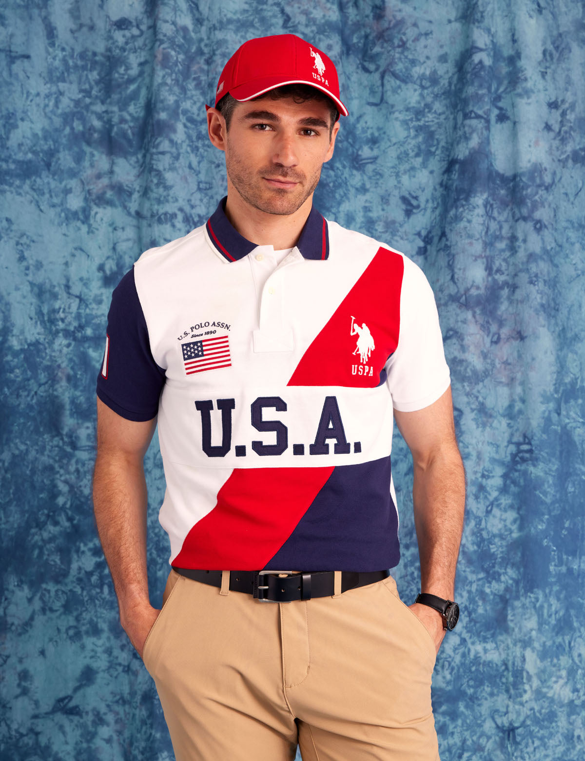 Men's Color Block Pique Polo Shirt - USA Sash Design