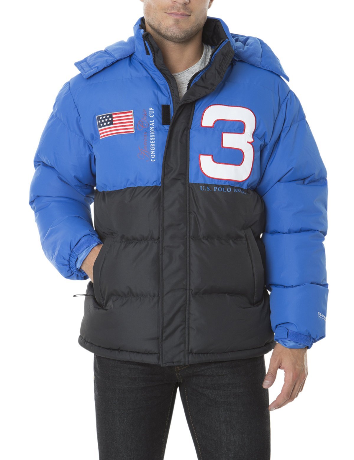 U.S. Polo Assn. Color Block Bubble Jacket with Detachable Hood