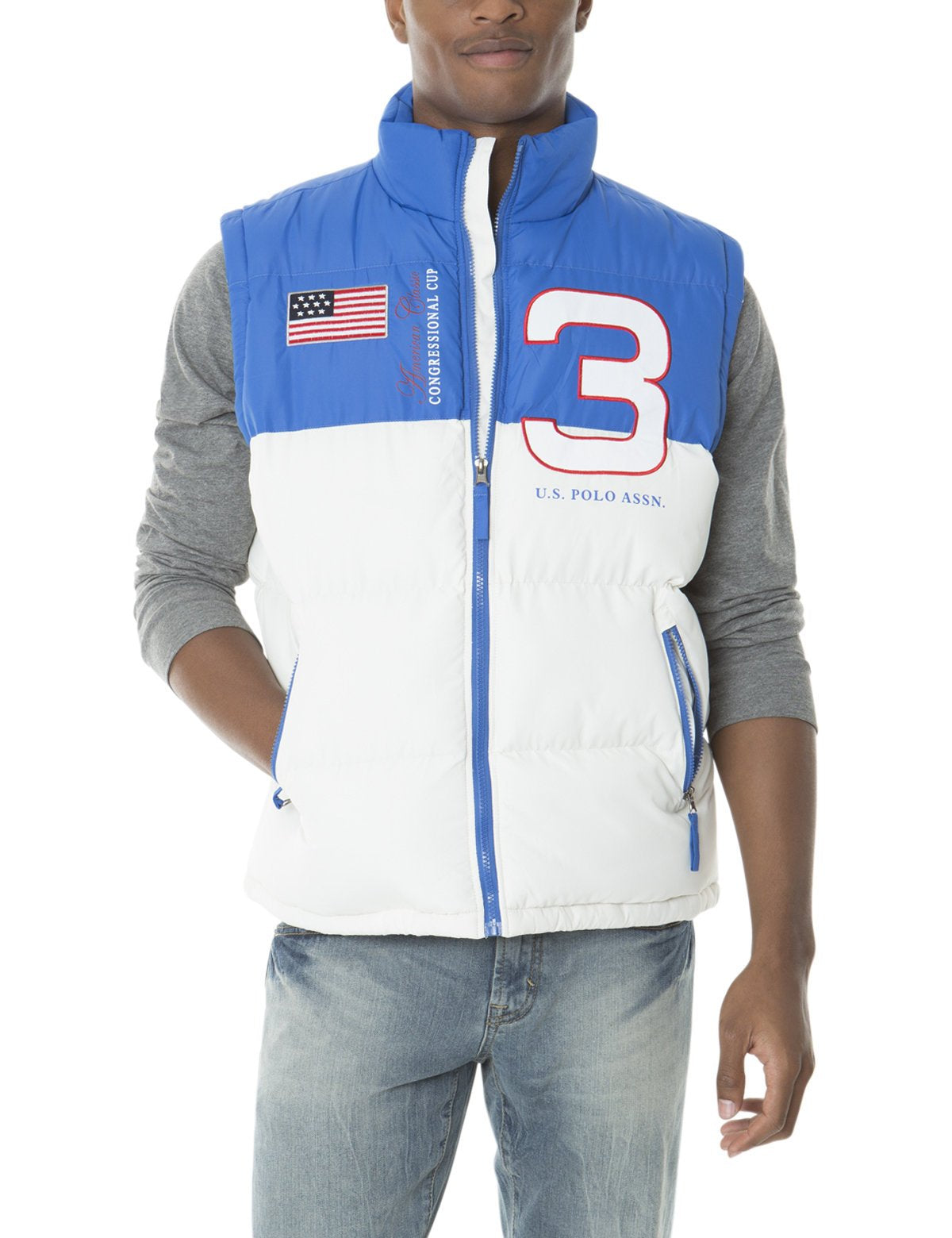 Men's Sleeveless Zip-Up Vest with Flag & Number Applique