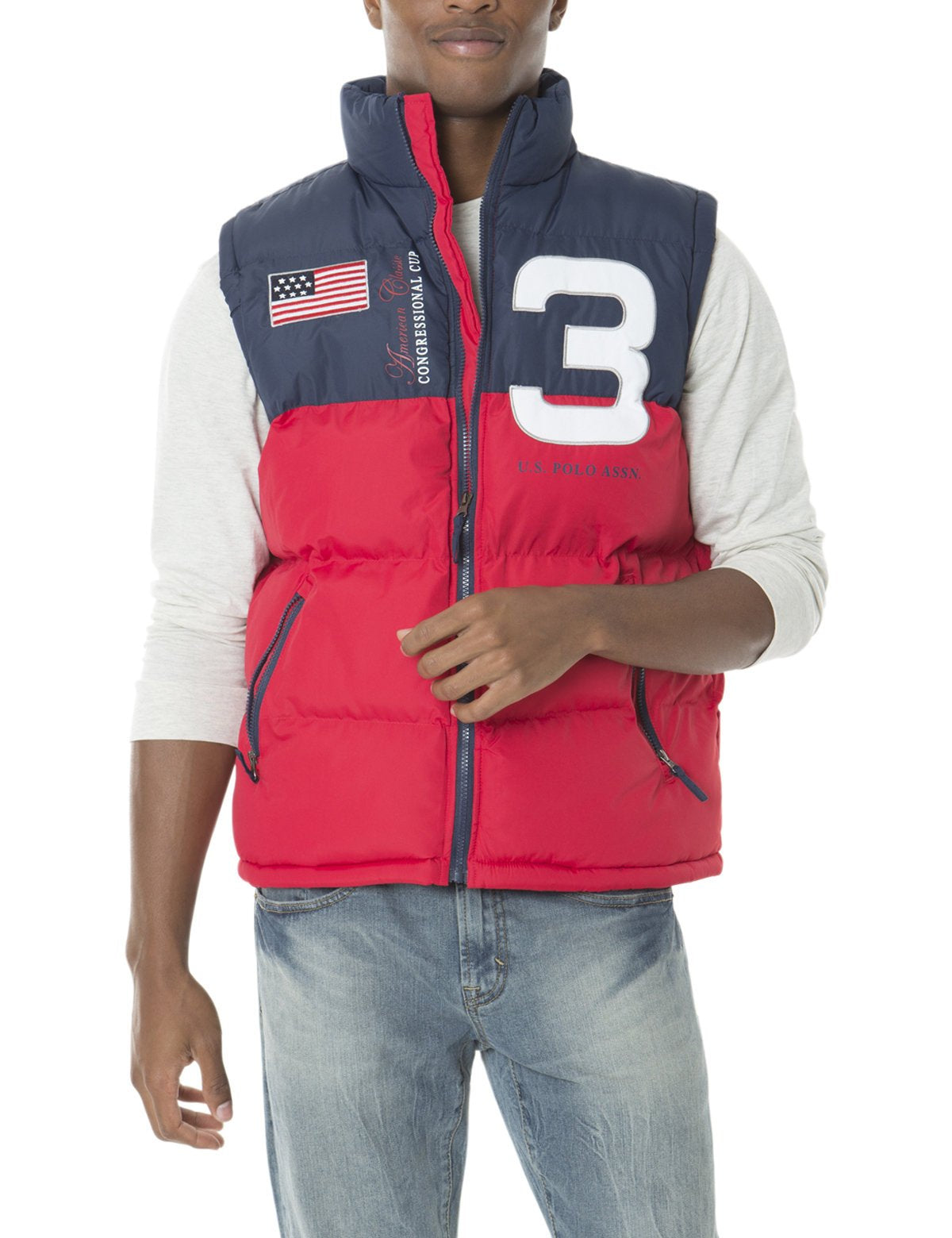 Men's Sleeveless Zip-Up Vest with Flag & Number Applique