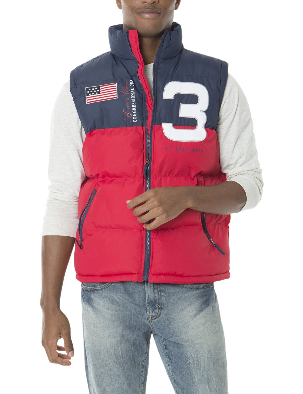 Men's Sleeveless Zip-Up Vest with Flag & Number Applique