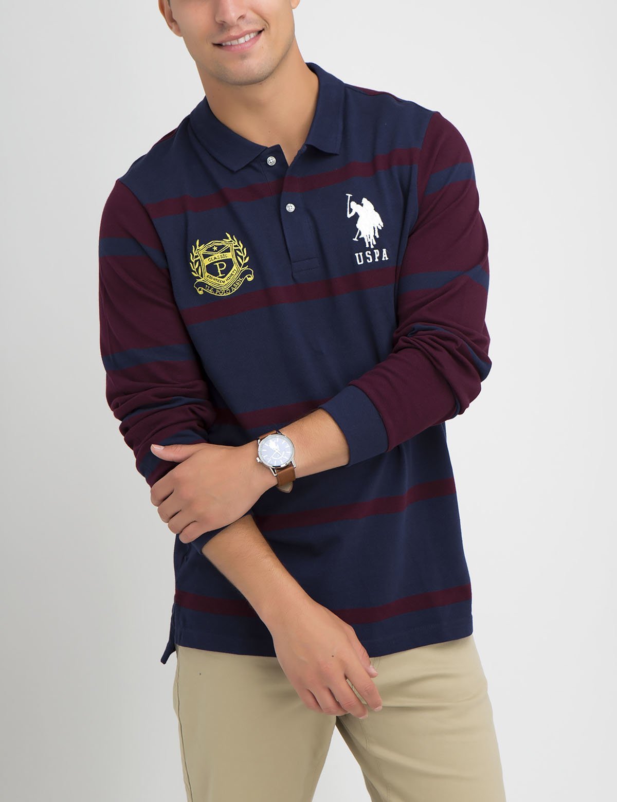 Men's Contrast Stripe Long Sleeve Polo Shirt - 100% Cotton Pique