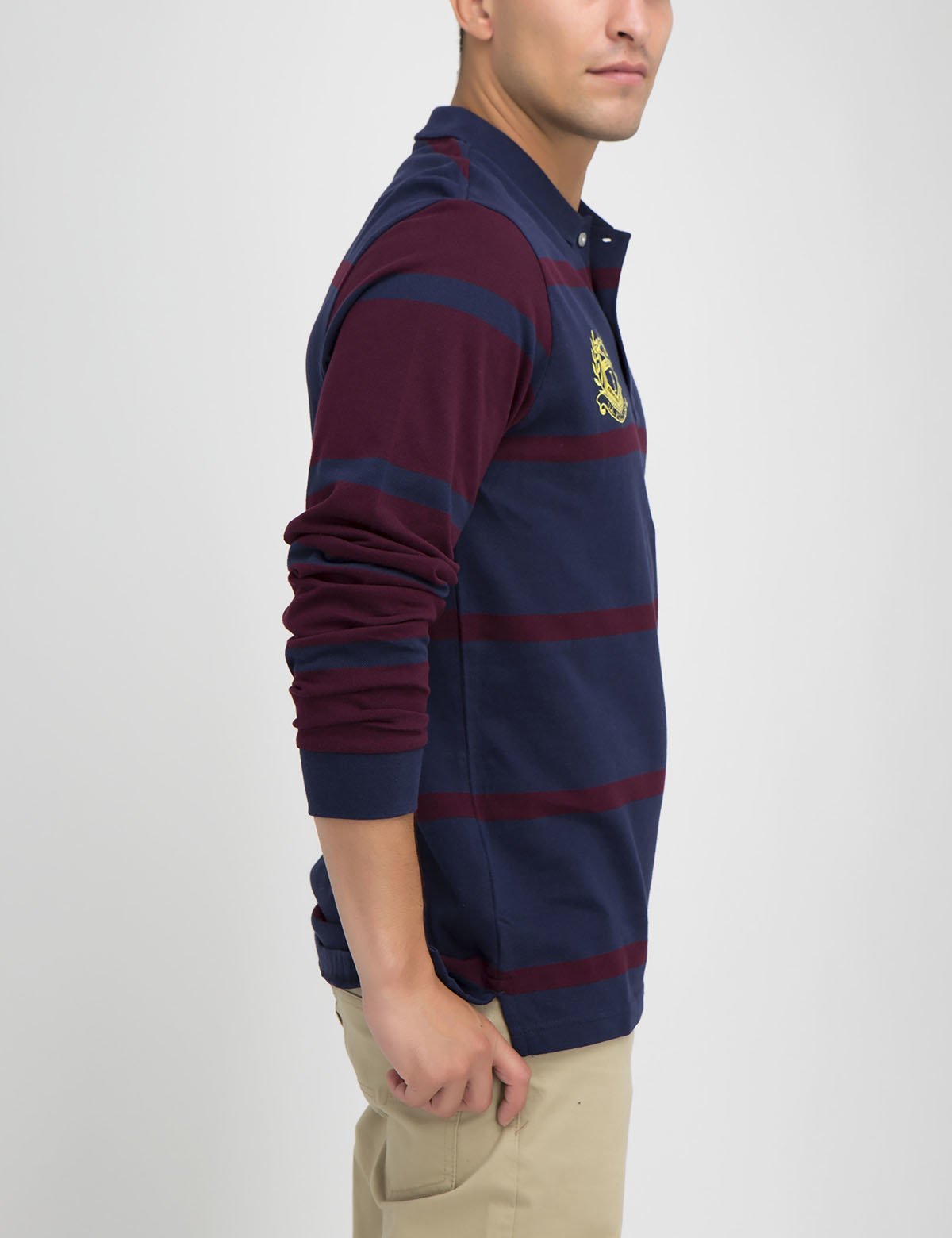 Men's Contrast Stripe Long Sleeve Polo Shirt - 100% Cotton Pique
