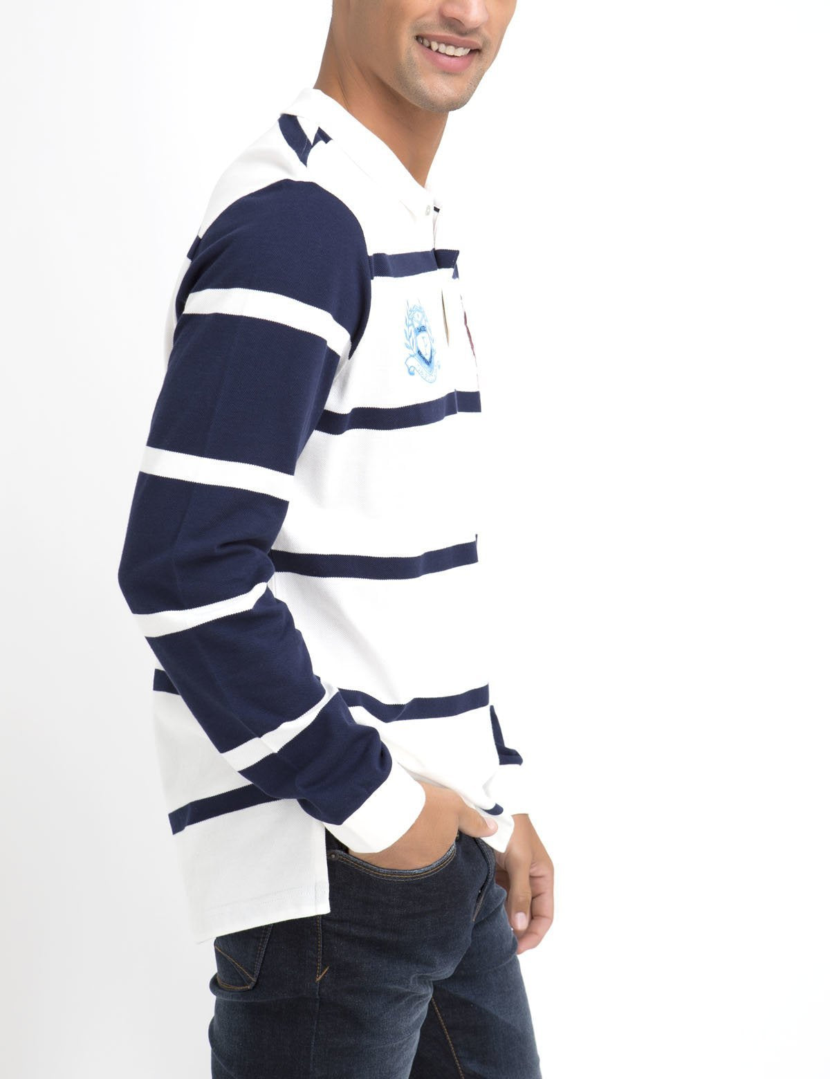 Men's Contrast Stripe Long Sleeve Polo Shirt - 100% Cotton Pique