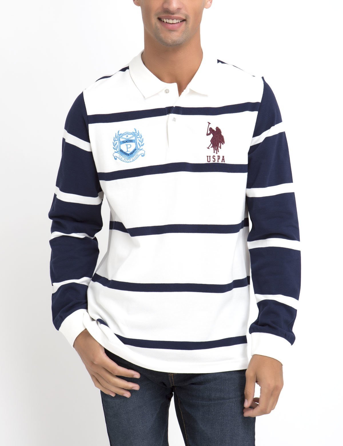 Men's Contrast Stripe Long Sleeve Polo Shirt - 100% Cotton Pique