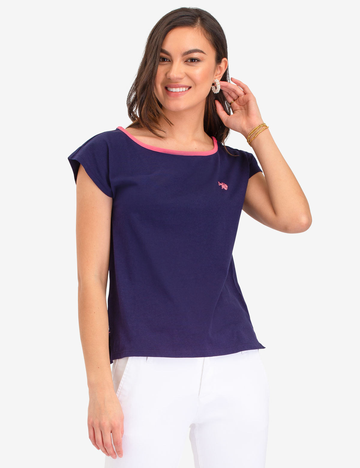 Women's Cotton Jersey Top with Contrast Piping & Embroidered Logo