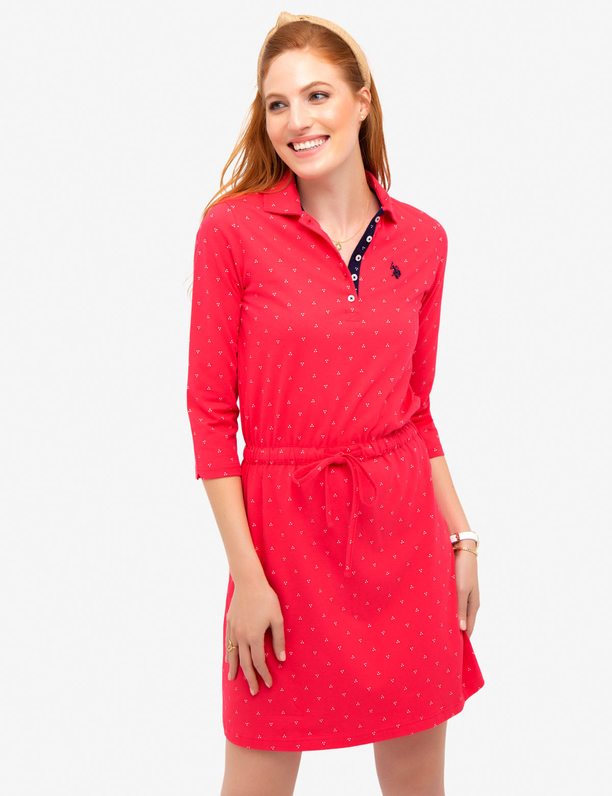 Cotton Jersey Tri-Dot Button Front Dress with Drawstring Waist
