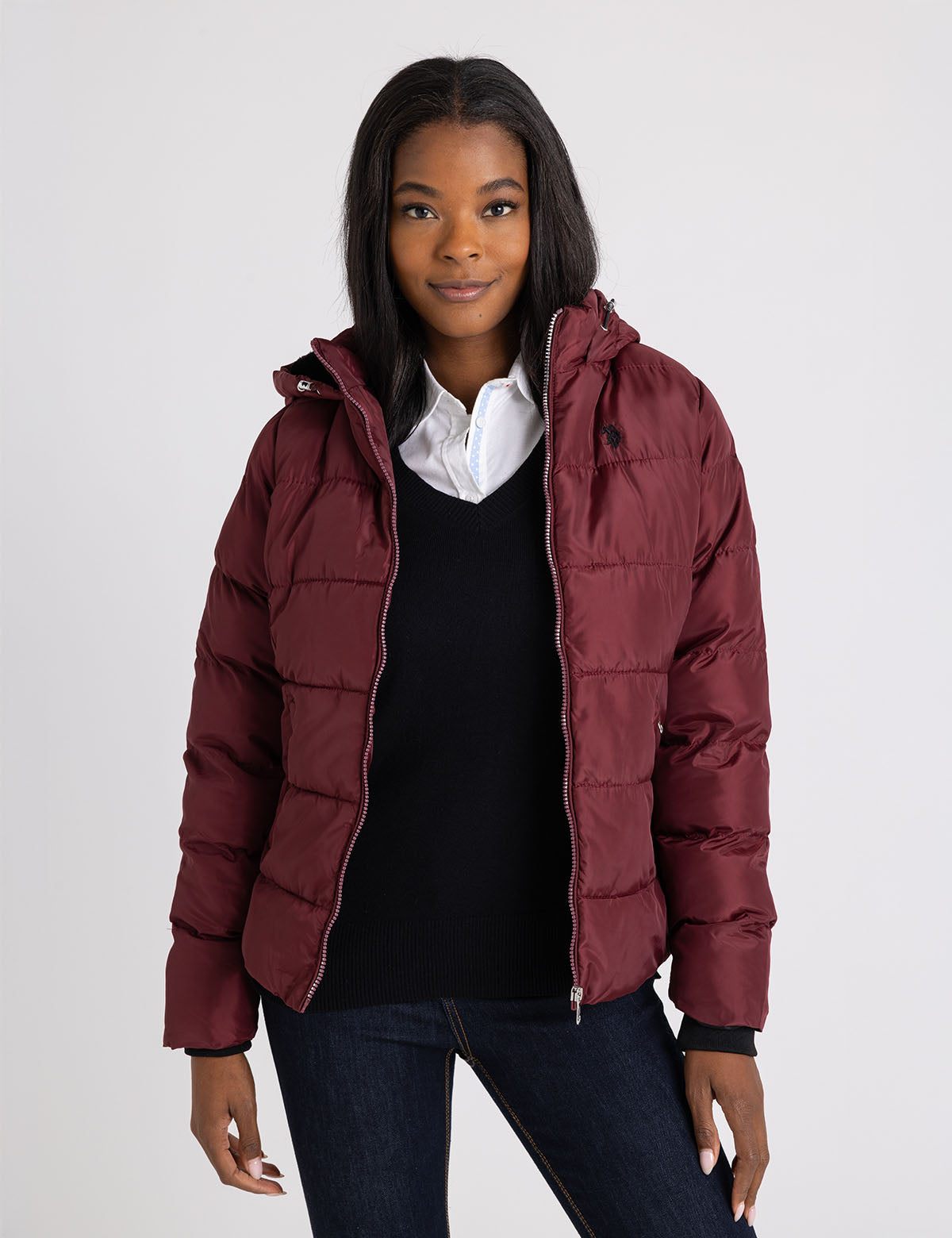 Women's Cozy Hooded Contrast Puffer Jacket - Winter Warm Coat