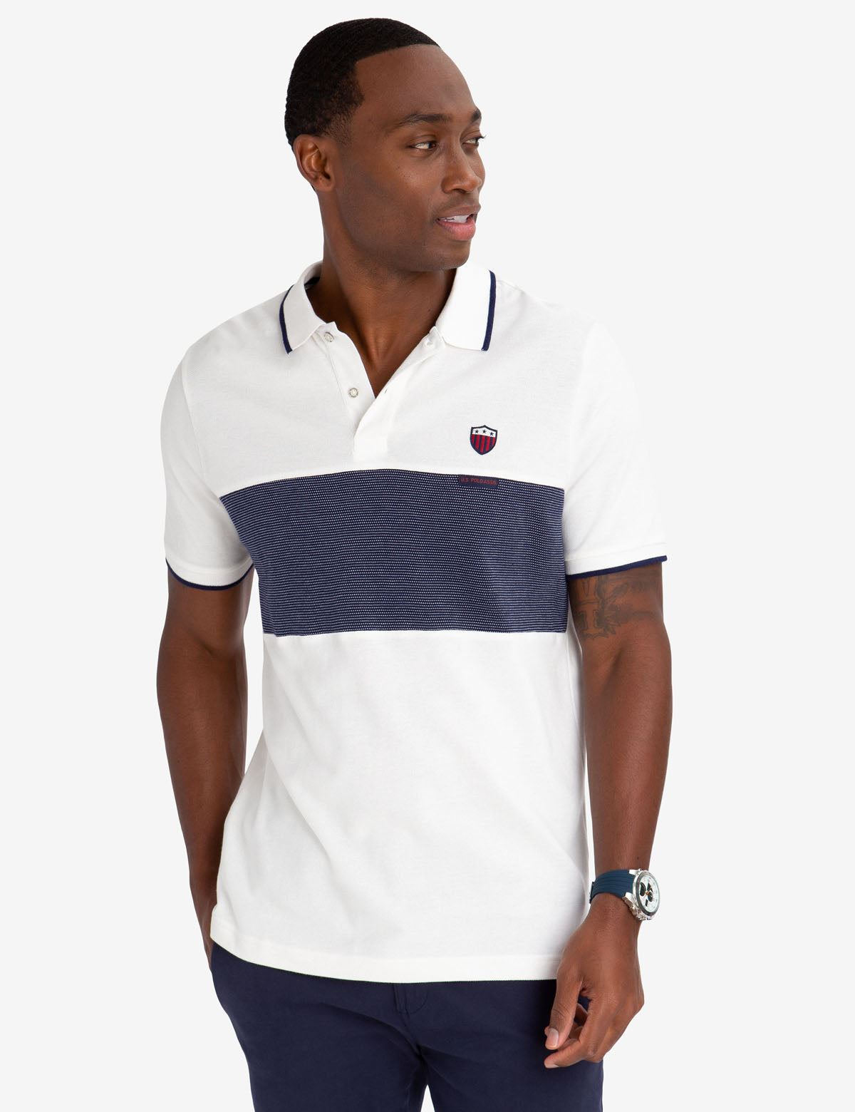 Men's Cotton Striped Polo Shirt with Crest Patch