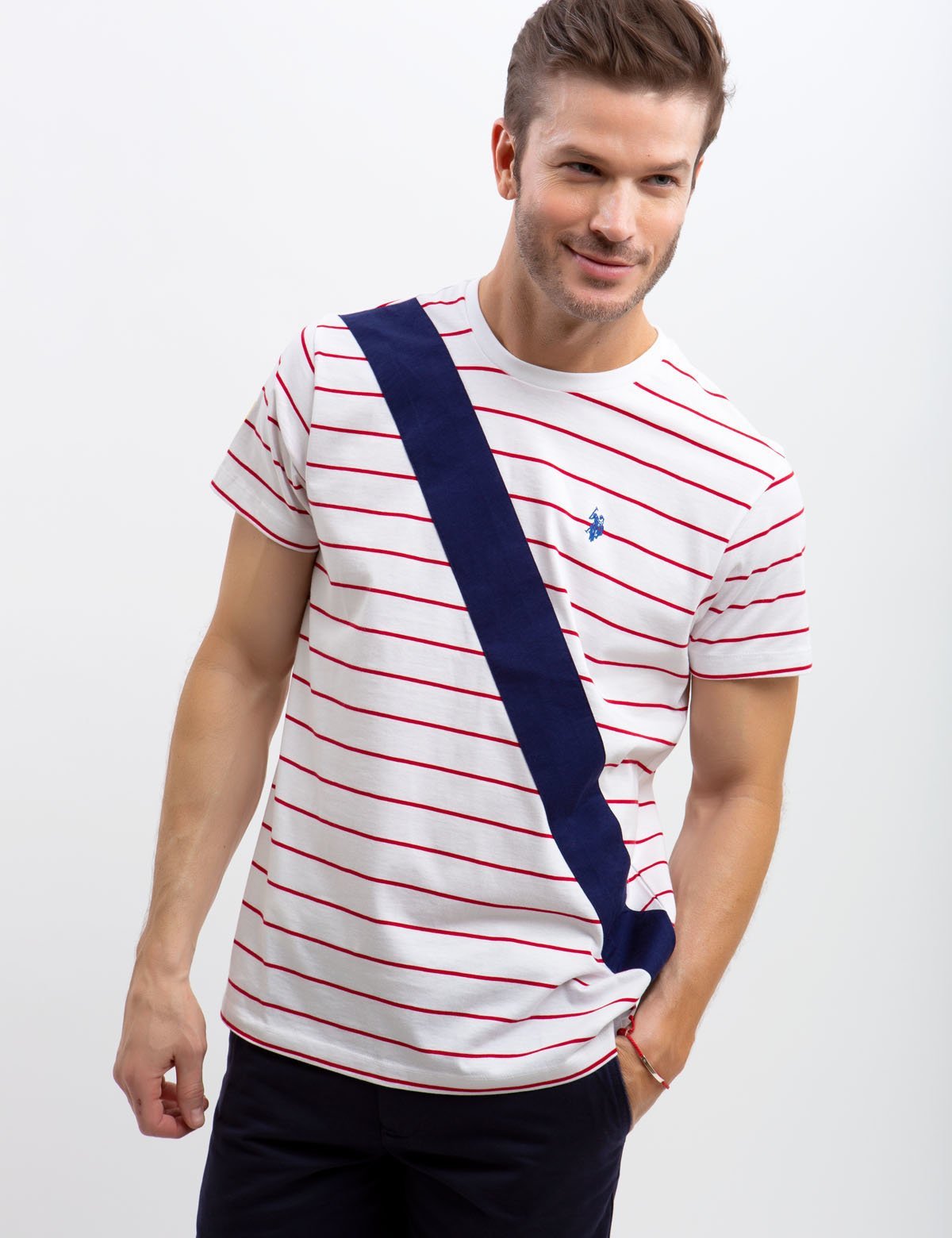 Men's Cotton Crew Neck Diagonal Striped T-Shirt with Embroidered Logo