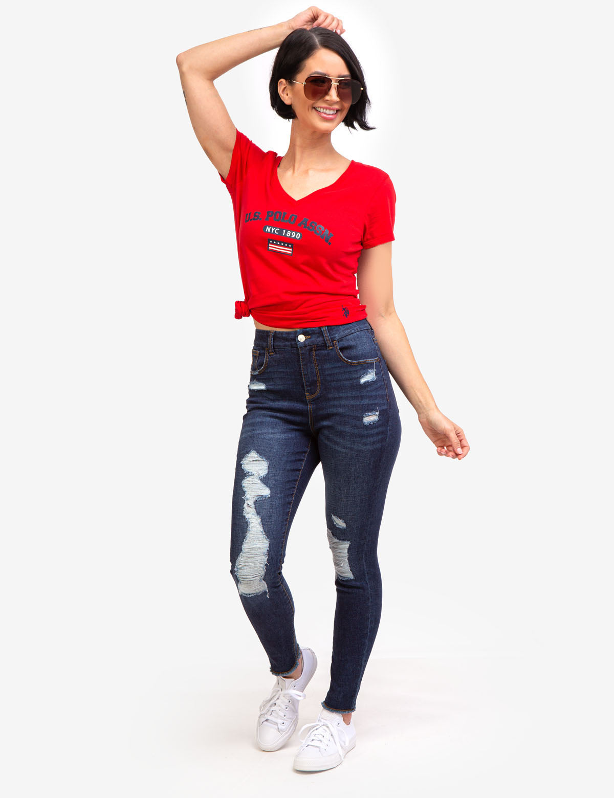 Curvy High Rise Jeggings with Distressed Knees & Pockets