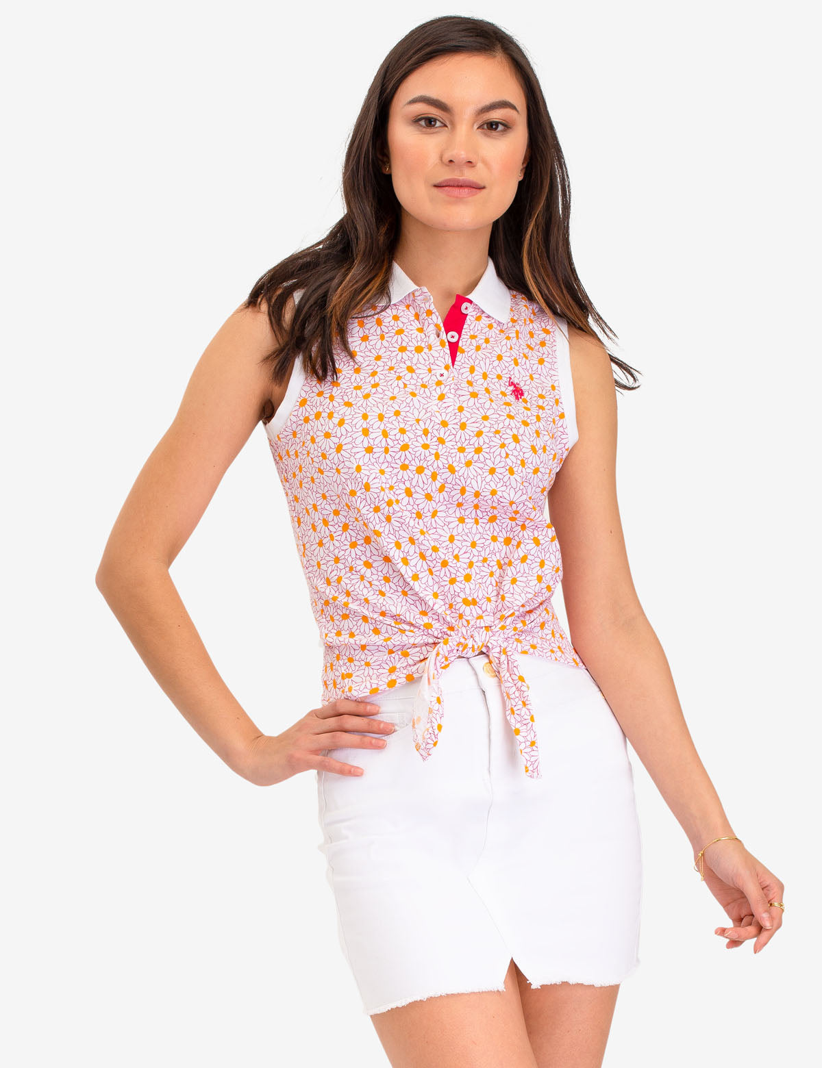 Daisy Print Tie Front Polo Shirt - Sleeveless Women's Top