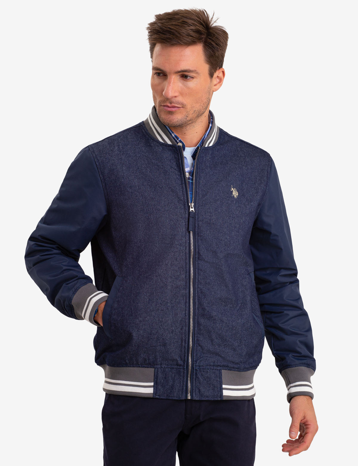 Men's Indigo Denim Bomber Jacket with Side Pockets - Cotton Blend