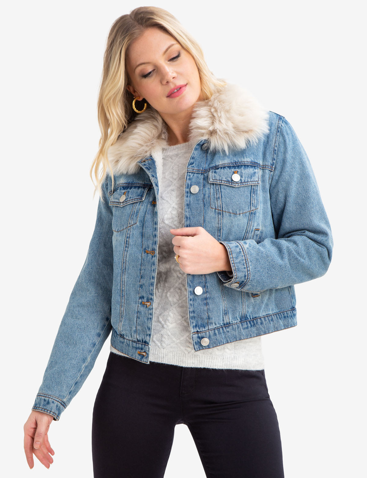 Women's Light Wash Denim Jacket with Detachable Faux Fur Collar