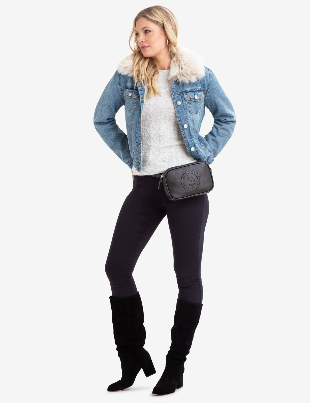 Women's Light Wash Denim Jacket with Detachable Faux Fur Collar
