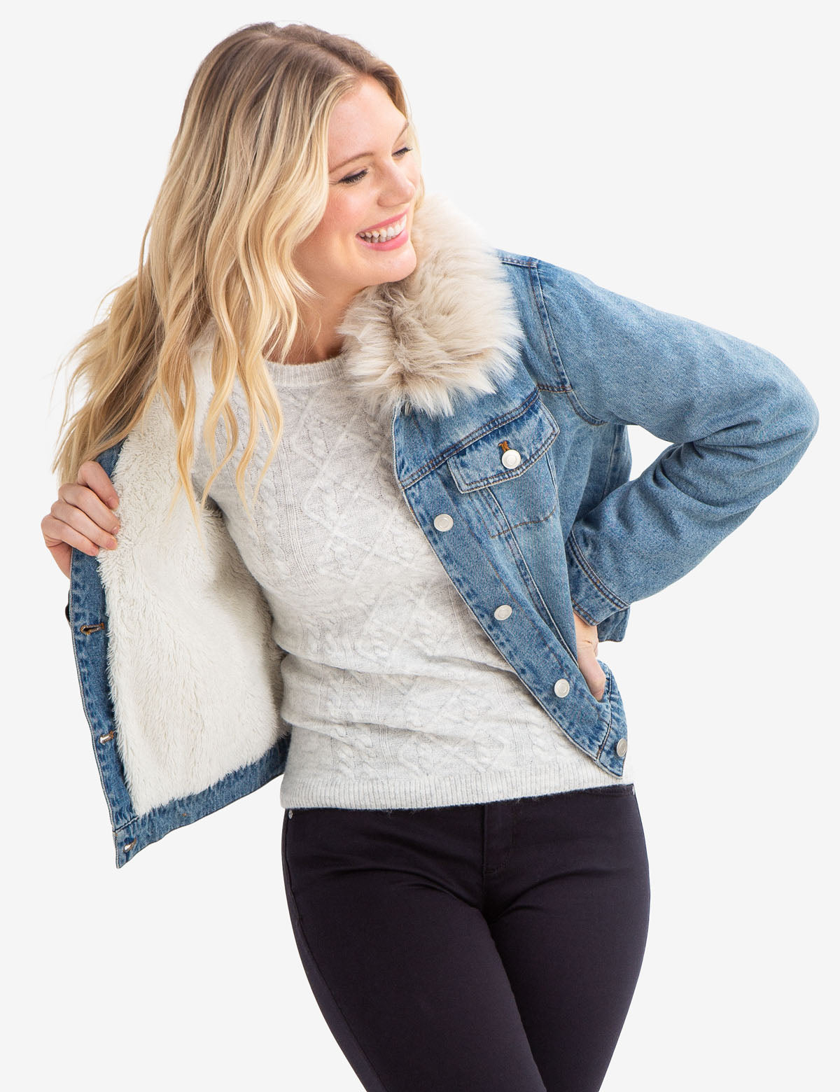 Women's Light Wash Denim Jacket with Detachable Faux Fur Collar