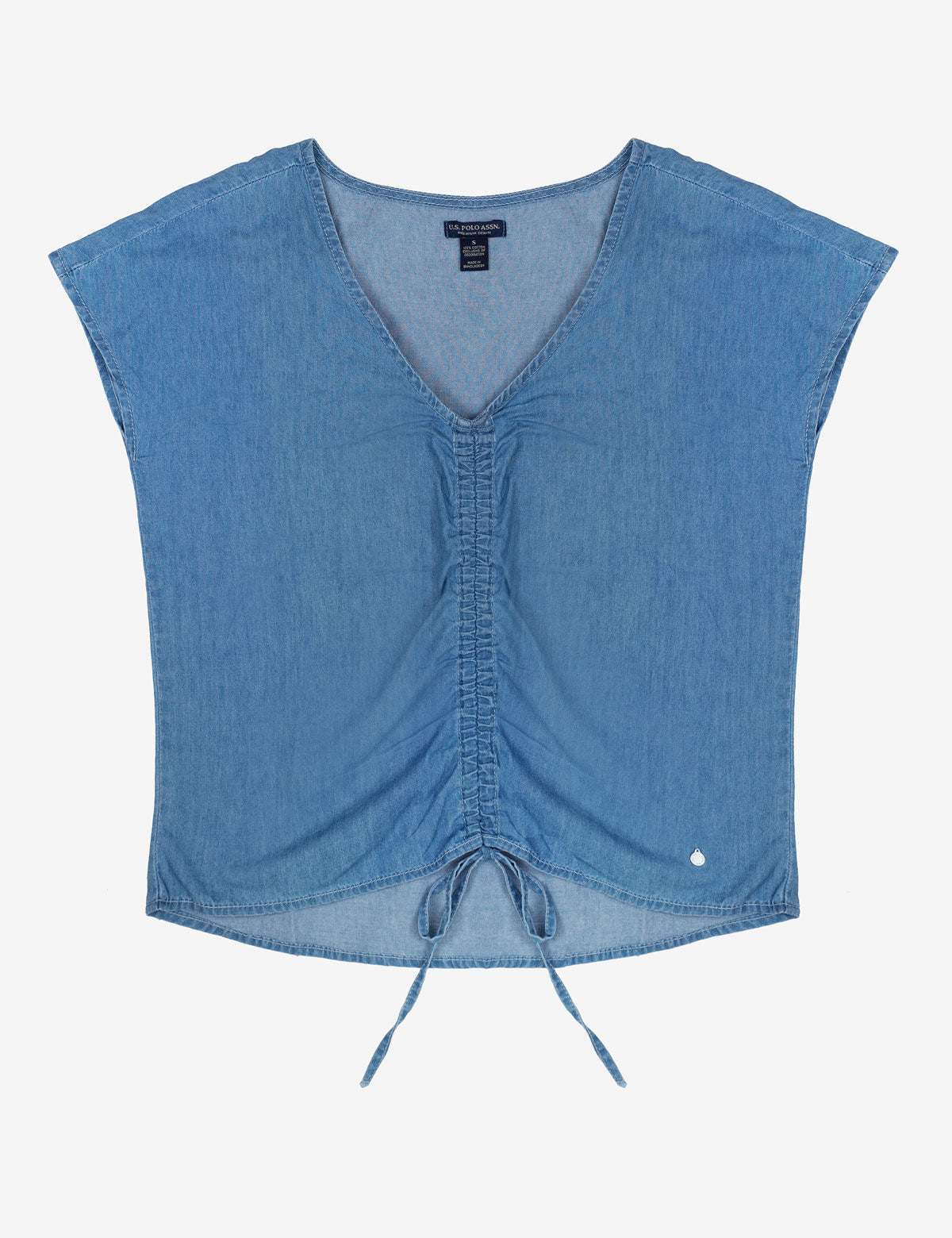 Denim Ruched V-Neck Tie-Front Short Sleeve Top