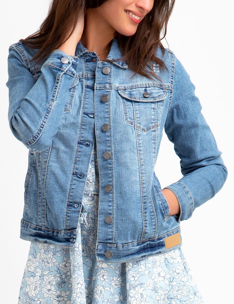 Distressed Denim Jacket with Patch Logo & Elbow Details
