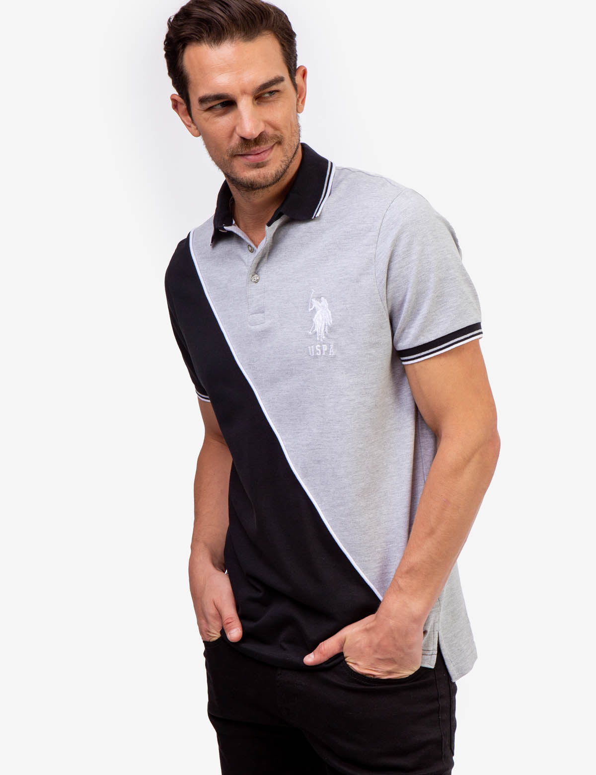 USPA Colorblock Pique Polo Shirt - Diagonal Design, Embroidered Logo